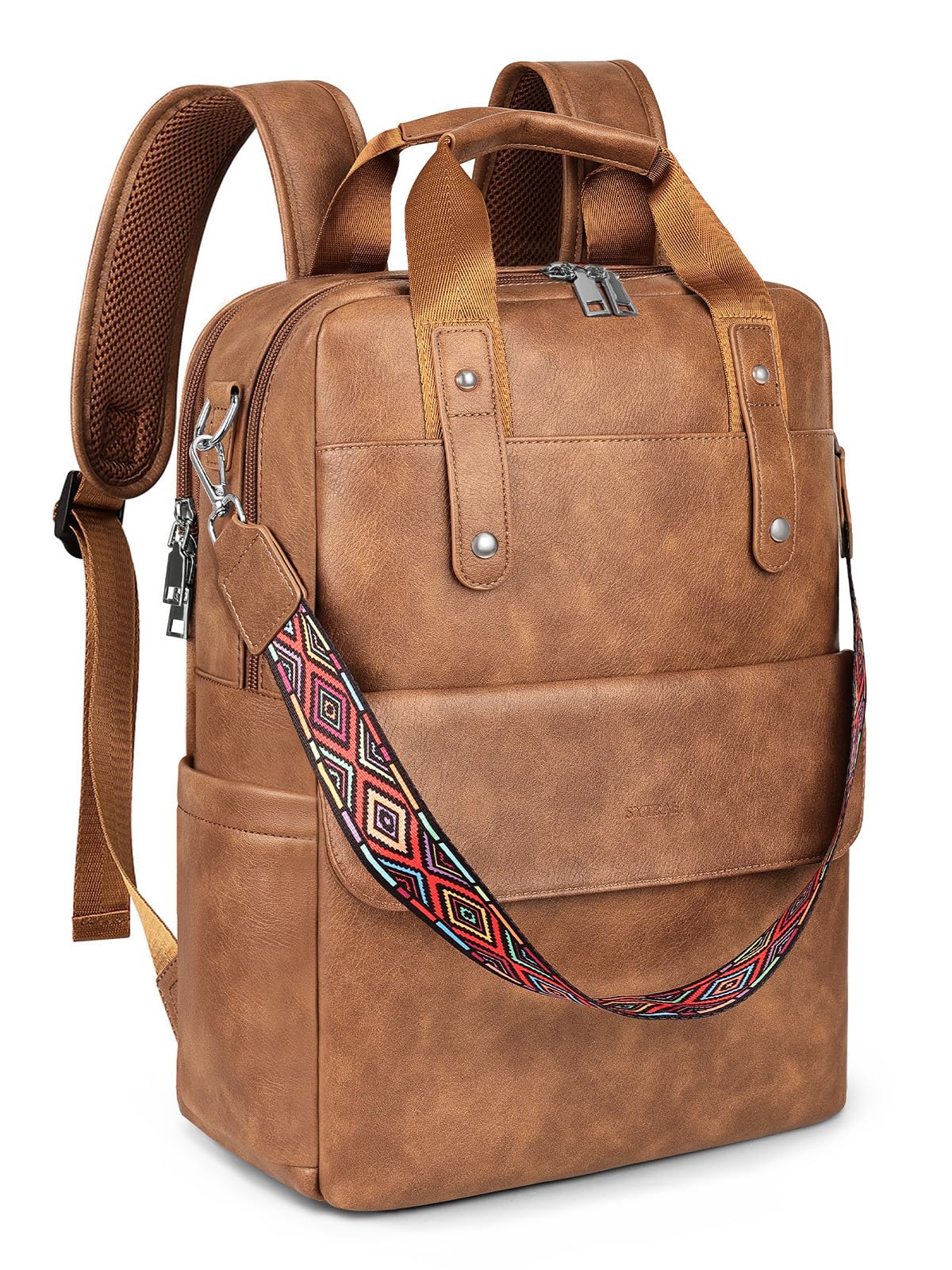 SYTRAH Leather Laptop Backpack 15.6 Inch Womens Laptop Bag, 3 IN 1 Computer Bag Handbag with Colorful Shoulder Bag Strap for Work Travel College Mocha Brown