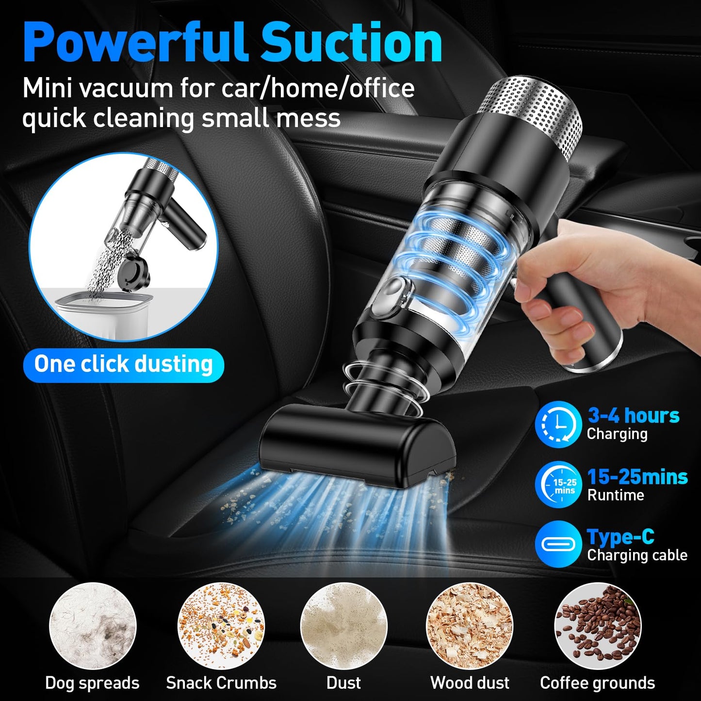 SHLNLI Mini Vacuum Cleaner, 16000PA Car Vacuum Cleaner Portable Cordless with LED Light, 4 in 1 Air Duster and Handheld Small Vacuum Rechargeable for Car, Home, Office, Pet（Black）