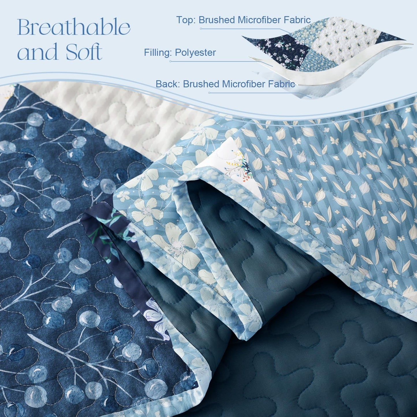 Exclusivo Mezcla Reversible Boho Quilt Set King Size, 3 Pieces Patchwork Blue All Season Bedspreads, Ultra Soft Floral Coverlet Bedding Set with Printed Pattern (1 Quilt, 2 Pillow Shams)