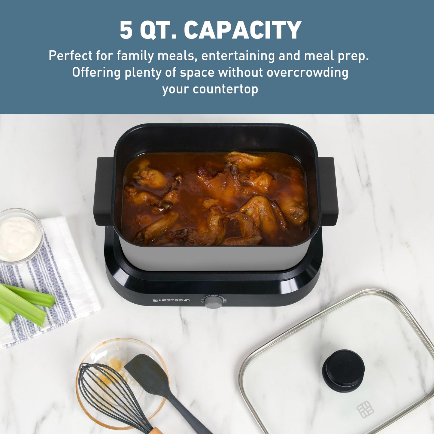 West Bend 87905 Large Capacity Non-Stick Versatility Slow Cooker with 5 Temperature Control Settings Dishwasher Safe Includes A Travel Lid & Thermal Carrying Case, 5-Quart, Silver