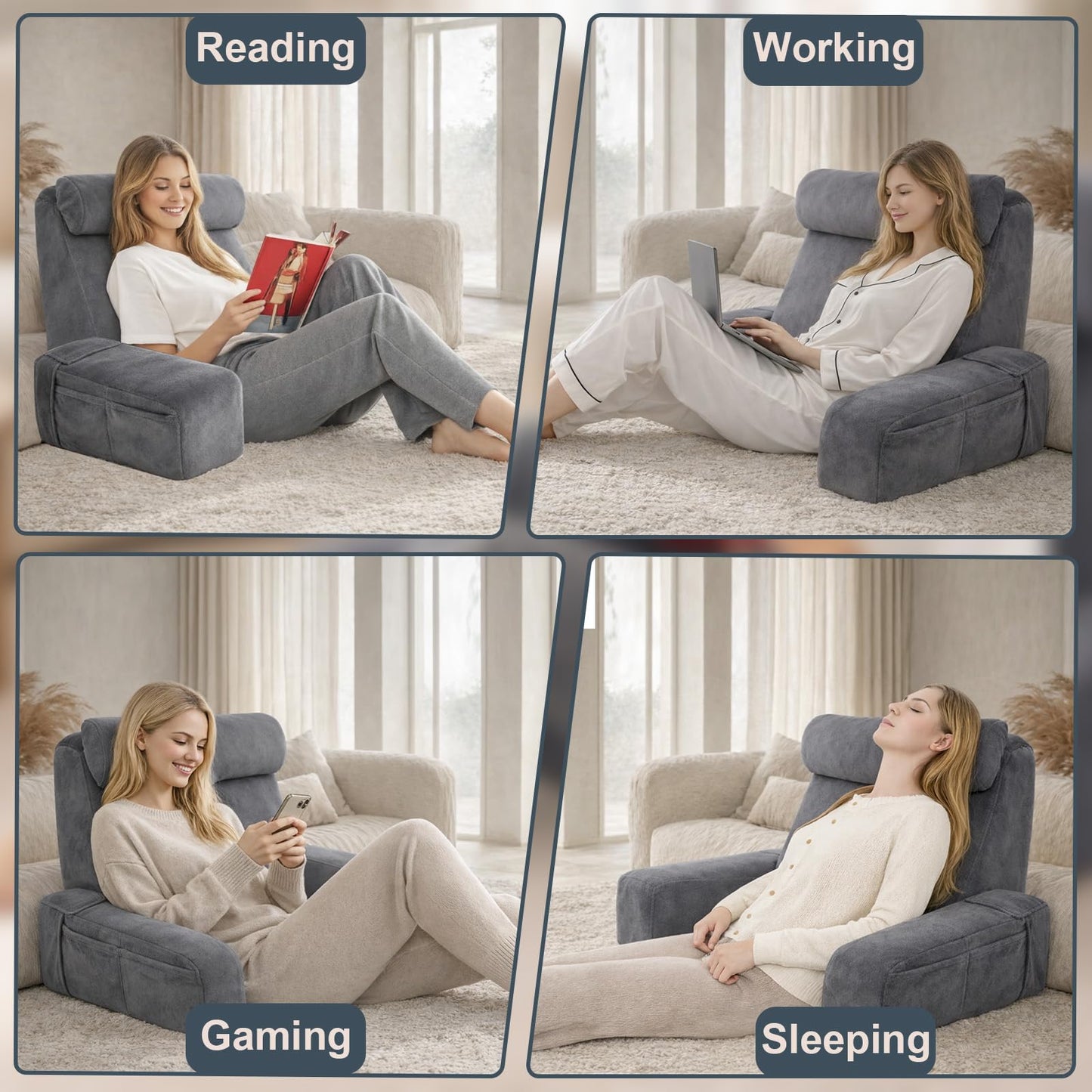 19" Reading Pillow for Bed Adult, Backrest Support Pillow for Bed, Sofa, Floor, Comfortable Back and Neck Support with Side Pocket, Removable & Washable, Ideal for Reading, Watching TV & Laptop Use