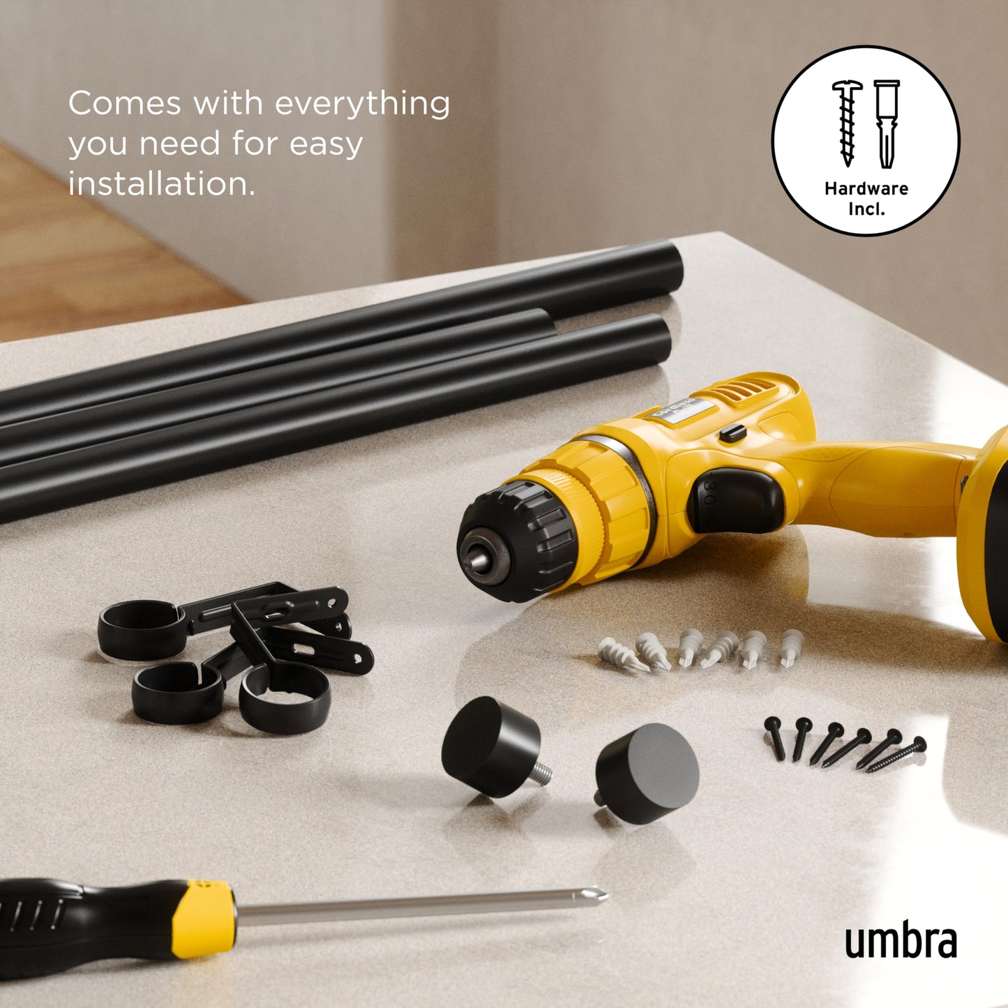 Umbra Cappa Modern 1" Curtain Rod, Includes 2 Matching Finials, Brackets & Hardware, 66” to 120”, Black