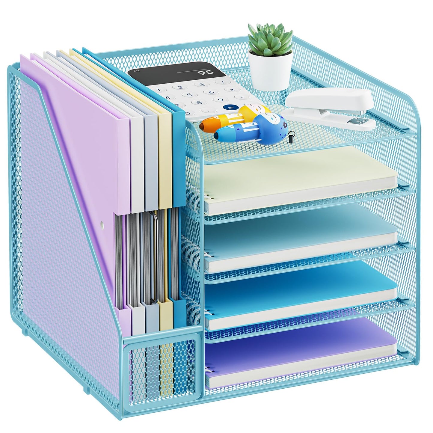 Marbrasse Desk Organizer with File Holder,5-Tier Paper Letter Tray,Metal Mesh Desk Organizers and Accessories,Organization and Storage for School, Home, Office(Blue)