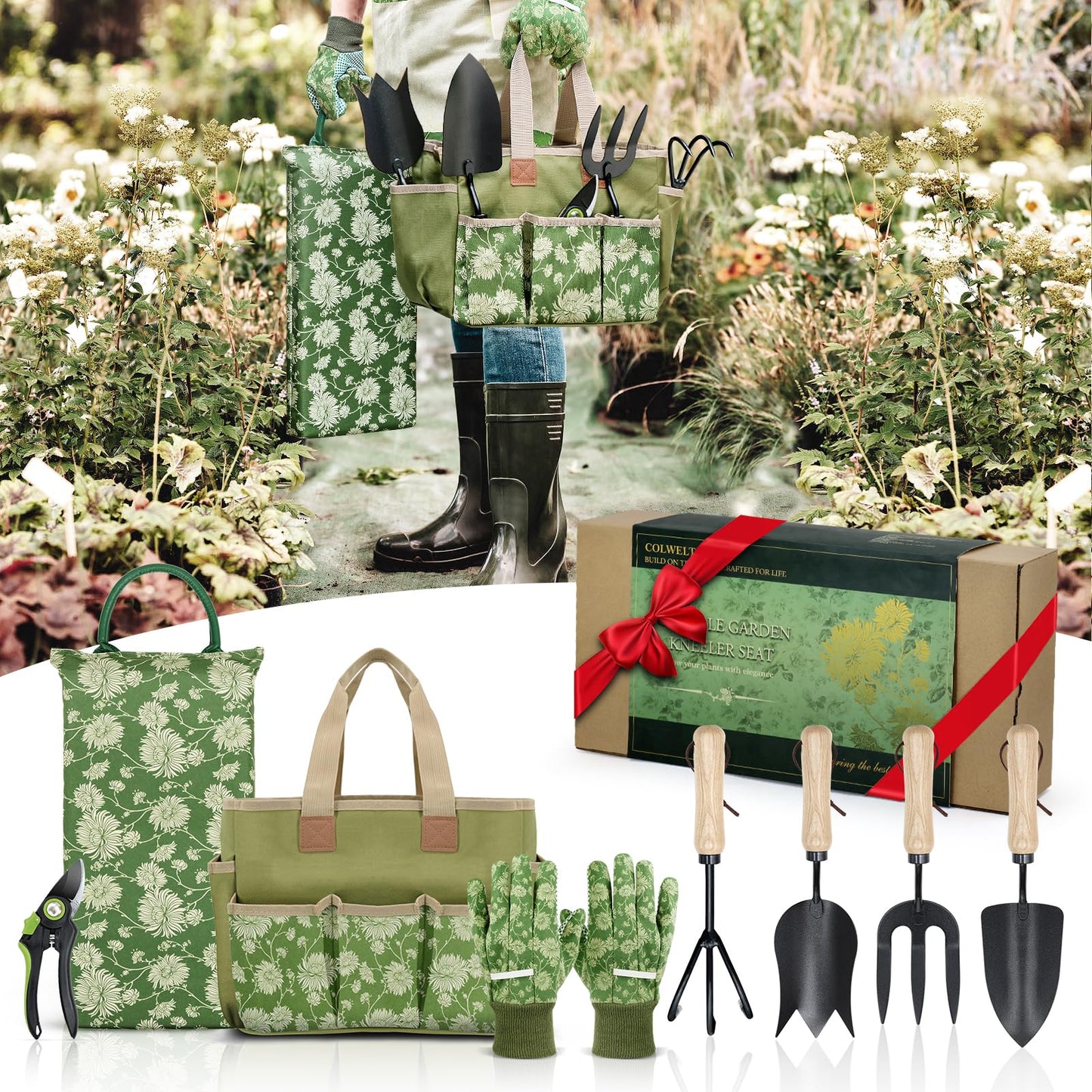 Colwelt Garden Tools Set, 8 Piece, Heavy Duty Gardening Tools with Wooden Handle, Including Garden Tote, Kneeling Pad, Gloves, Pruner, Trowel, Tulip Trowel, Cultivator - Gardening Gifts for Women Men