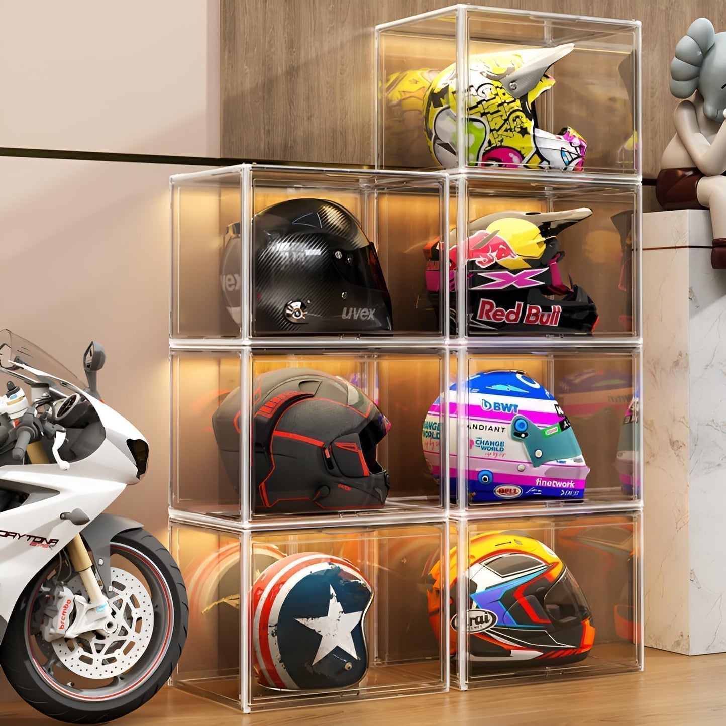GUDEMAY XL Clear Stackable Plastic Storage Bins with Magnetic Lid - Dustproof Acrylic Display Case for Book, Purses, Large Figures Collectibles, Helmet Showcase, Shoes & Boot Box