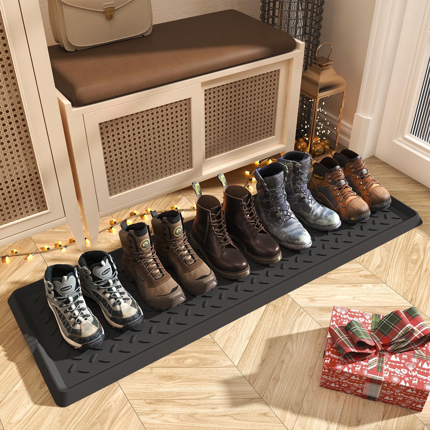 MontVoo-Boot Tray Mat Shoe Tray Extra Large 40x120cm Shoe Mat 100% Rubber Easy Clean Waterproof Shoe Drip Tray for Entryway-Black Twill Pattern