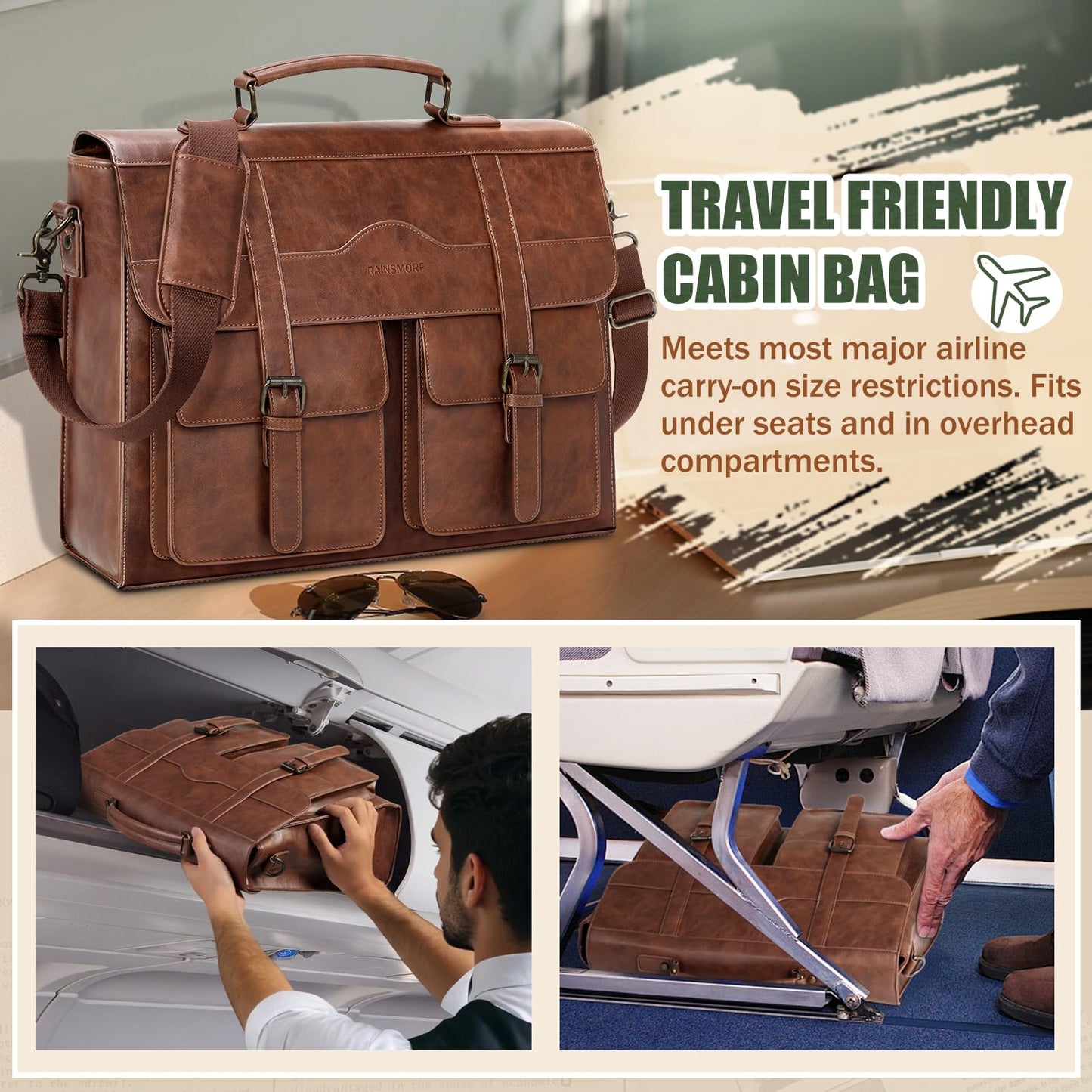 RAINSMORE Mens Messenger Bag 17 Inch Leather Laptop Briefcase Satchel Computer Shoulder Bag for Business Travel Work College, Brown