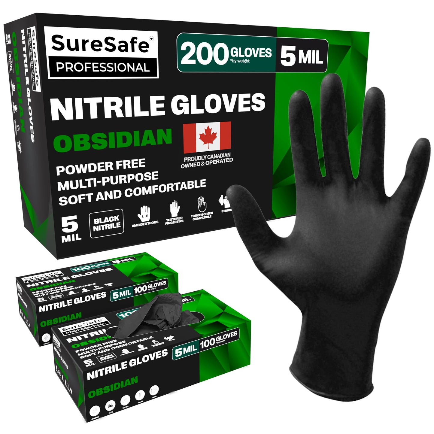 [200 Pack] SURESAFE 5 Mil Black Nitrile Gloves Large, Food Grade Gloves Disposable, Powder & Latex Free, Textured Fingertips, For Food Prep, Dishwashing, Hair Dye, Tattoo, Kitchen, Cleaning