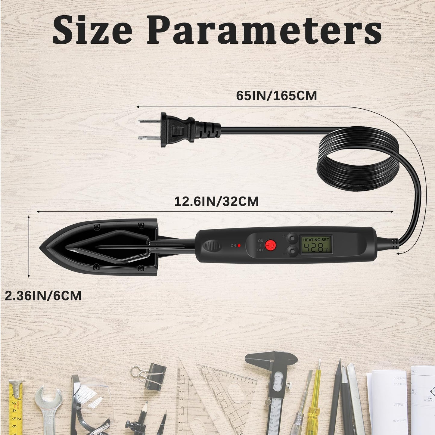 Edge Banding Iron with LCD Display,Adjustable 212-428℉ (100-220℃),Metal Stand,65 in Power Cord,3 Replaceable Socks,Precision Control Sealing Iron for Furniture Edges & Models