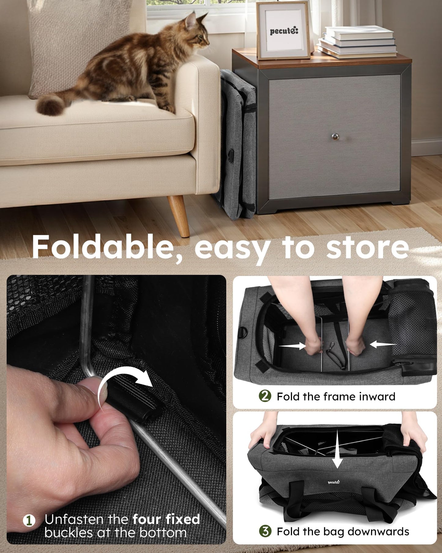Pecute Cat Carrier 47 * 30 * 33cm, Thickened 5mm Steel Wire Frame, Stable Dog Carrier for Small Dogs, Breathable Foldable Pet Carrier with Sunshade, Suitable for Pets up to 7kg/15lbs (Gray),XL