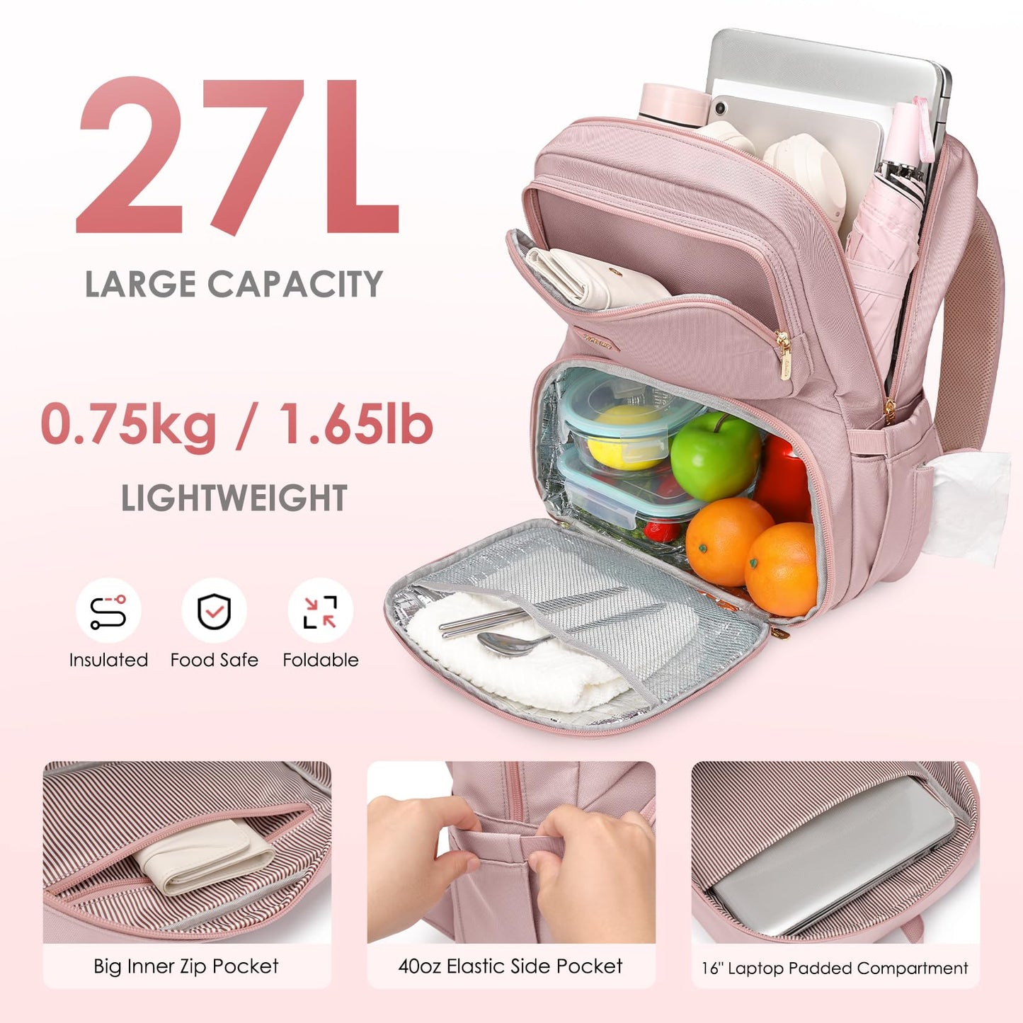 LABOMO Lunch Backpack for Women Men, 16 Inch Laptop Backpack with Lunch Compartment, Water Resistant Lunchbox Back Pack Meal Prep Cooler Bags Insulated for Nurse Work Teacher Travel