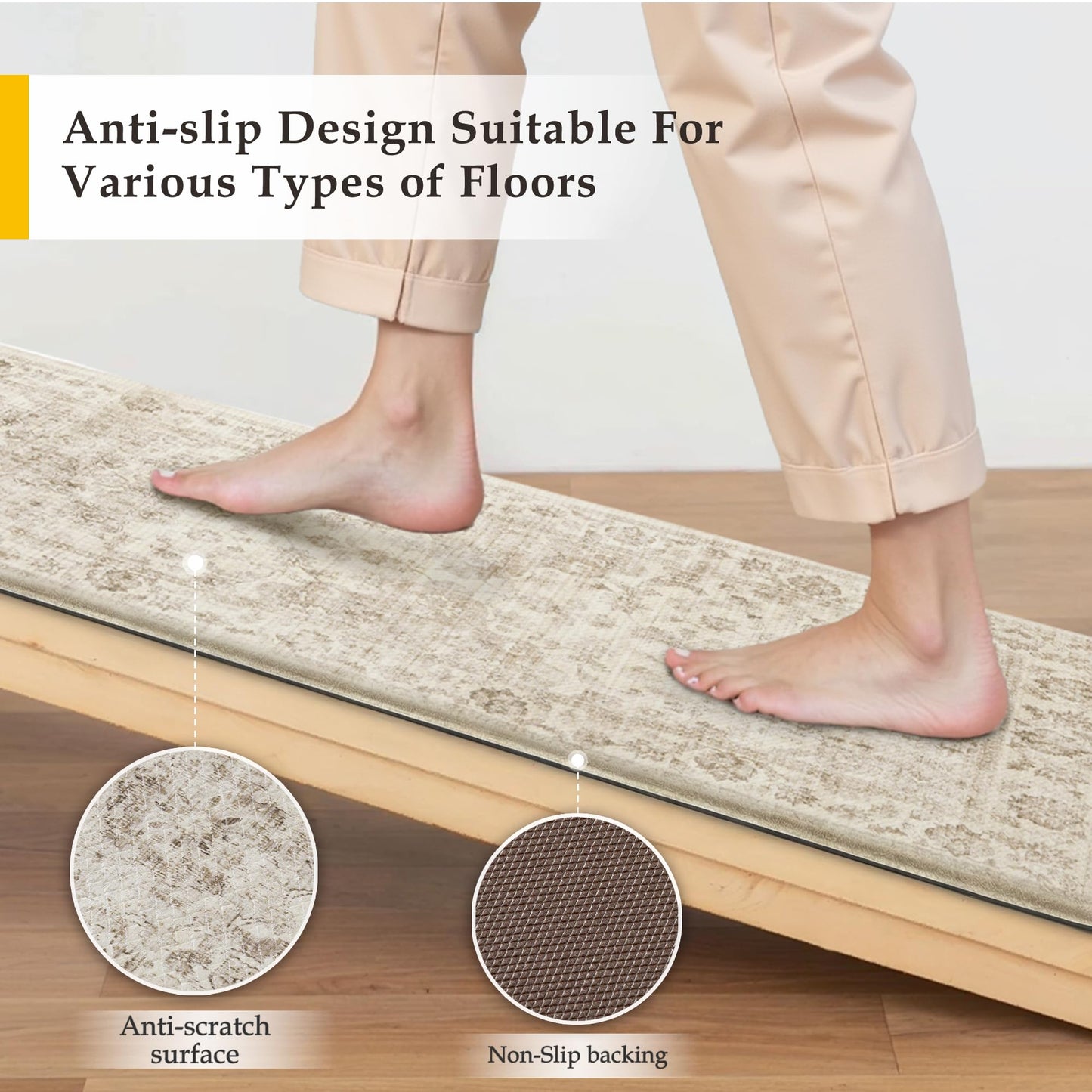 WondRg Kitchen Mats for Floor Set of 2 Anti Fatigue Waterproof Kitchen Rug Beige Neutral Washable Non-Slip Kitchen Mats Comfort Standing Mat Cushioned for Sink Laundry Office 17.3"×47"+17.3"×30"