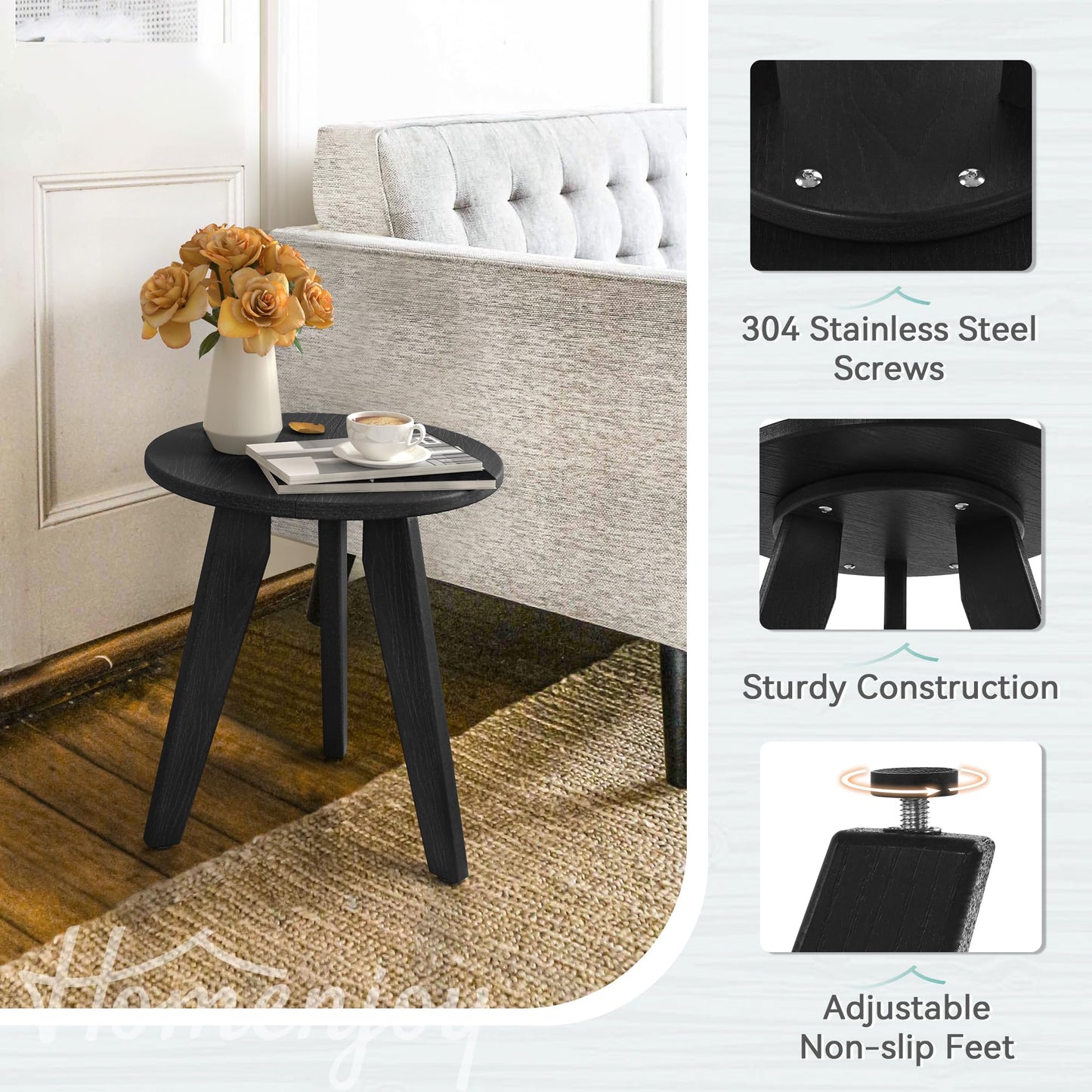 Homenjoy HDPE Outdoor Side Table, Small Round Side Table Weather-Resistant, Outdoor Side Tables for Patio, Porch, Deck, End Table for Plant Stand, Living Room, Bedroom, Black