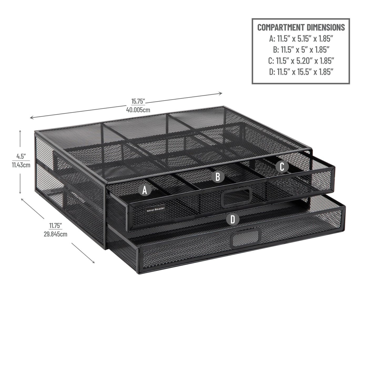 Mind Reader 2TDMESHY-BLK Metal Monitor Stand Riser with 2 Drawers, Desk Organizer, Holds PC, Laptop, Notebook, Printer and More, Black, 11.5 x 15.75 x 4.75