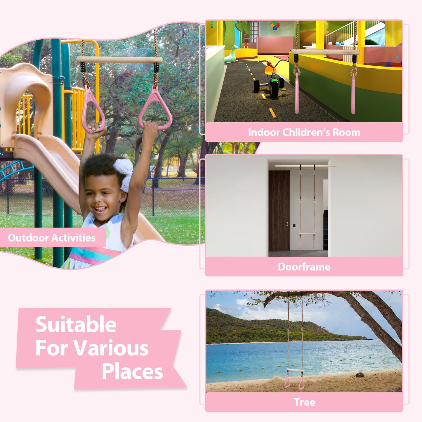 RedSwing Trapeze Swing Bar Rings, Trapeze Bar for Kids with Adjustable Rope, Locking Straps, Outdoor Swing Set Playground Accessories, Pink