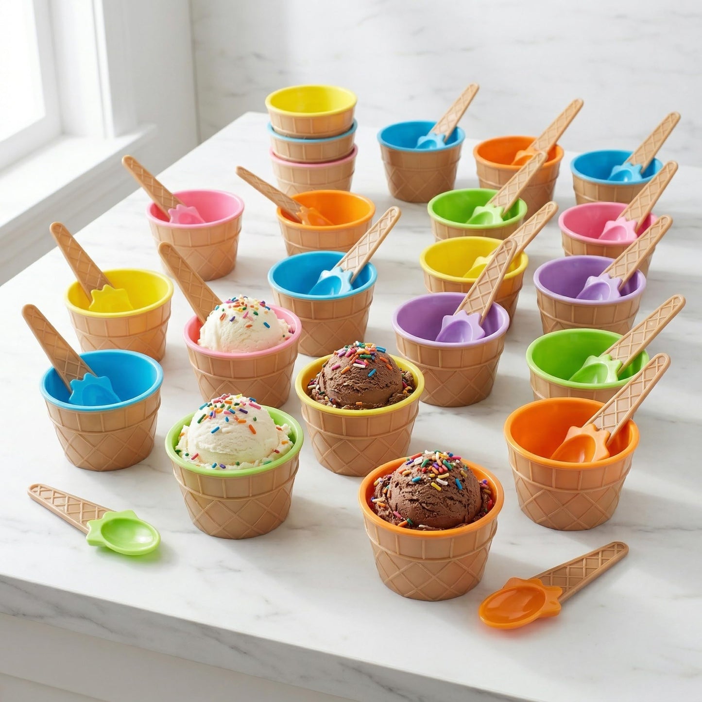 Lawei 24 Pack Plastic Ice Cream Bowls with Spoons, Reusable Fun Ice Cream Cups Bulks, 6 Cartoon Candy Color Cute Ice Cream Dessert Bowls Set for Sundae Frozen Yogurt Summer Holiday Parties