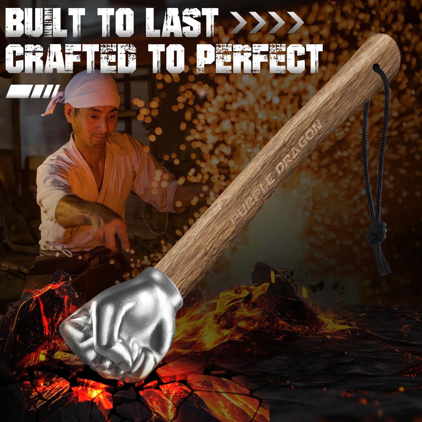 Purple Dragon Fist Hammer 2 lbs, Sledge Hammer Fist Shaped Stainless Steel, Ball Peen Hammers with Wooden Handle, Multi-Purpose Tool for DIY Crafting, Outdoor Camping, Home/Office Decor, Gifts for Men