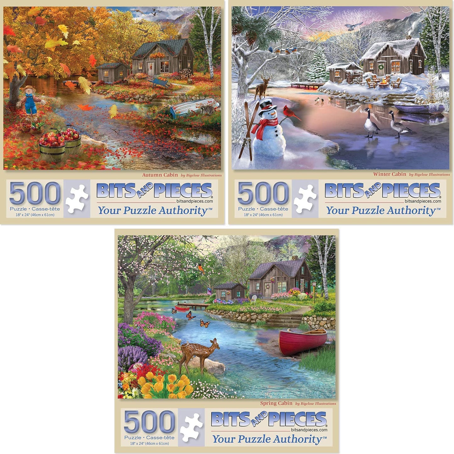 Bits and Pieces - Value Set of Three (3) 500 Piece Jigsaw Puzzles for Adults - Each Puzzle Measures 18" x 24" (46cm x 61cm) - 500 pc Autumn, Spring, Winter Cabin Jigsaws by Bigelow Illustrations