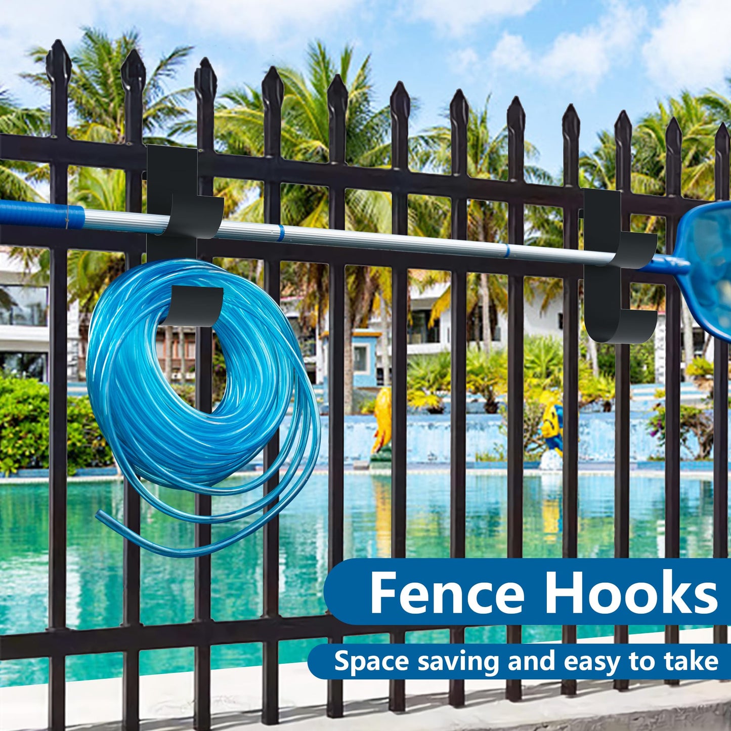 4 PCS Pool Fence Hooks for Pool Equipment- Black Heavy Duty Fence Hooks for Pool Poles- Slipe-on Fence Hanger for Pool Hose Pool Skimmer, Fit 3/4 Inch to 1-1/4 inch Railing