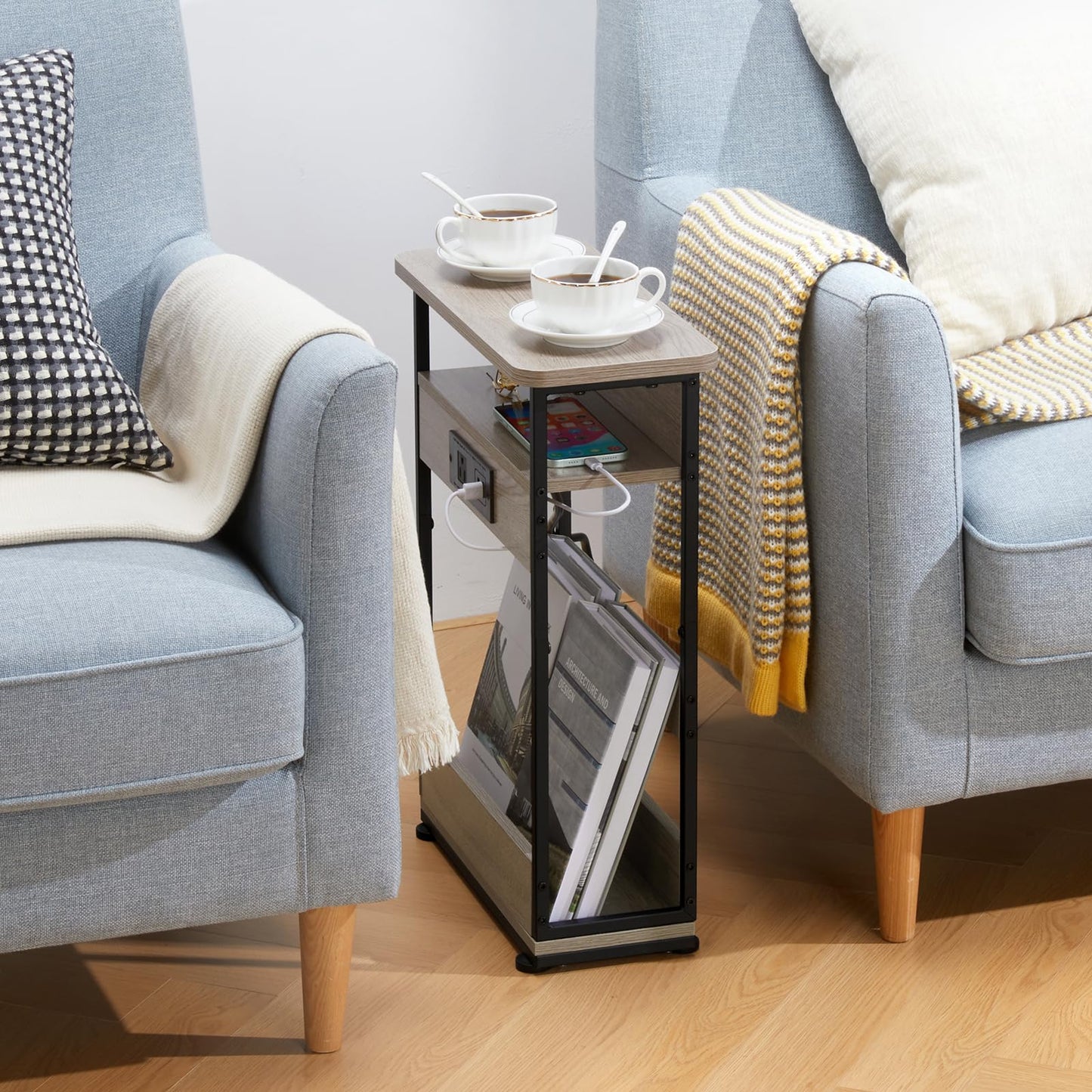 Small Narrow Side Table with Charging Station for Small Space, 3-Tier Accent Couch Beside Table with USB Ports & Power Outlets, Sofa Side Table for Living Room Bedroom Apartment (USB Charger, Oak)