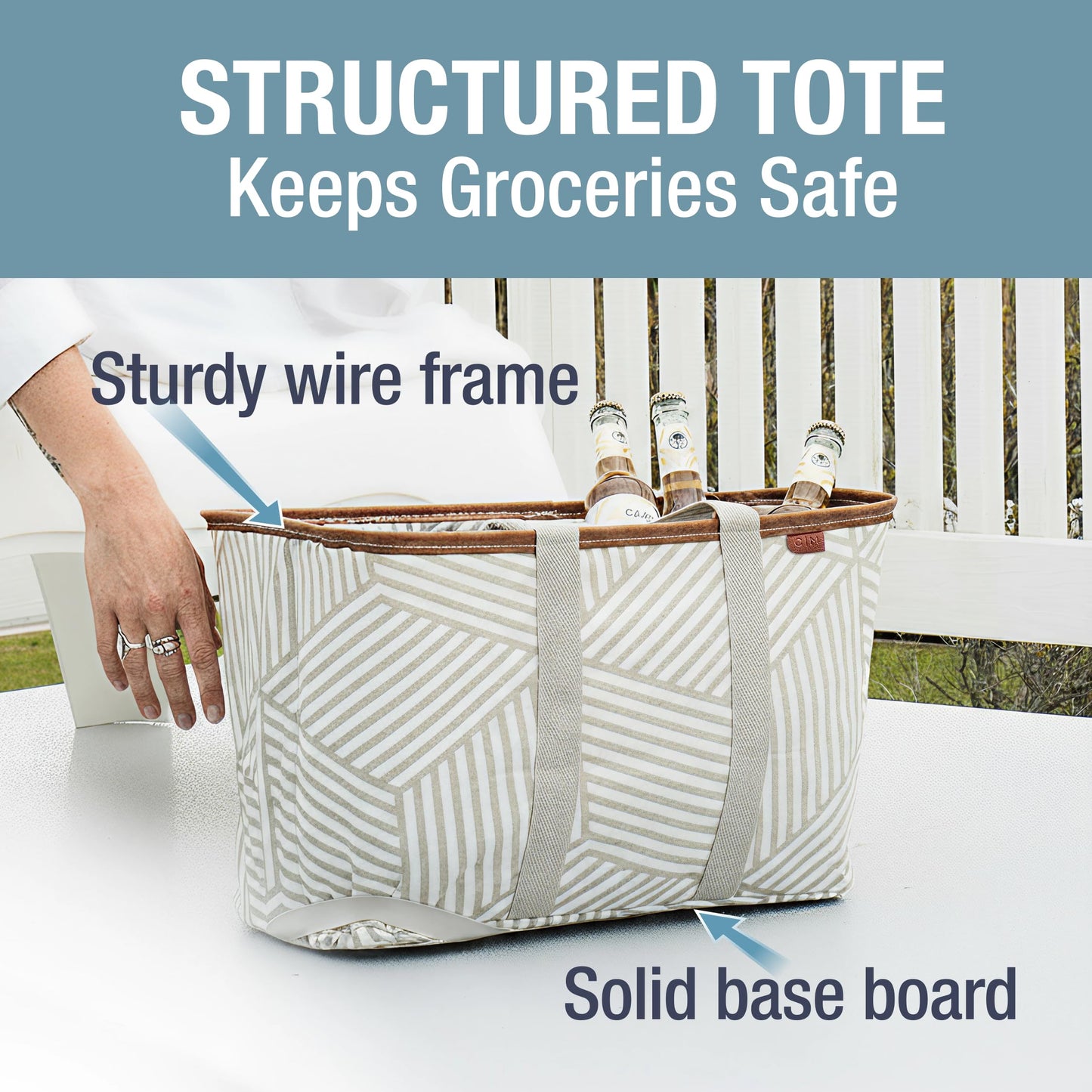 CleverMade Snapbasket Luxe Collapsible Tote - Geometric Taupe 1 Pack 30L / 8 Gal - Reusable Grocery Collapsible Storage Shopping Organizer