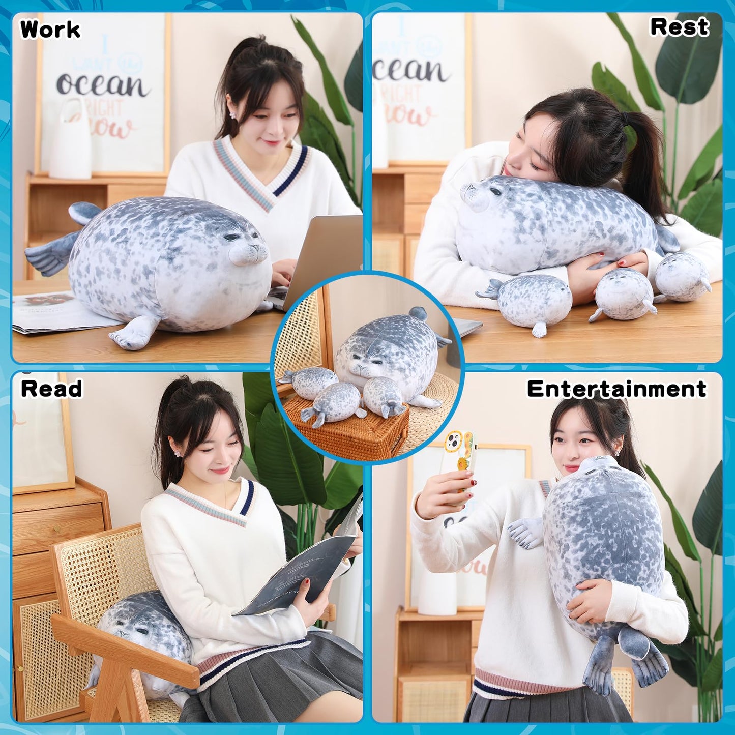 SQEQE Chubby Seal Pillow Plush with 4 Baby Seal Plushies in Her Tummy, Stuffed Cotton Plush Animal Toy Gift for Kids
