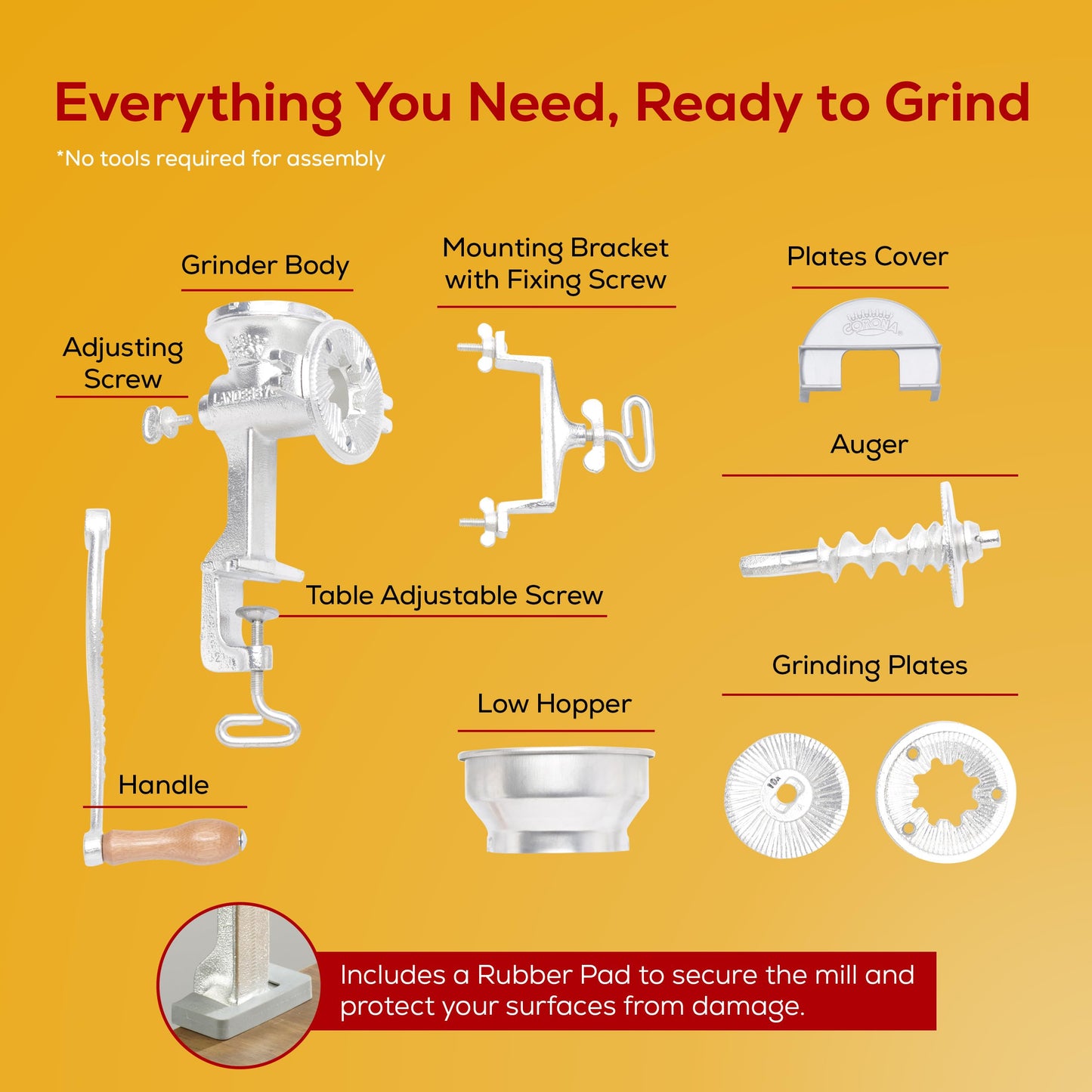 Corona Manual Grain Mill, Cast Iron Corn Grinder with Hand Crank for Corn, Wheat, Rice, Coffee & Spices, Adjustable Flour Mill for Home Kitchen Use