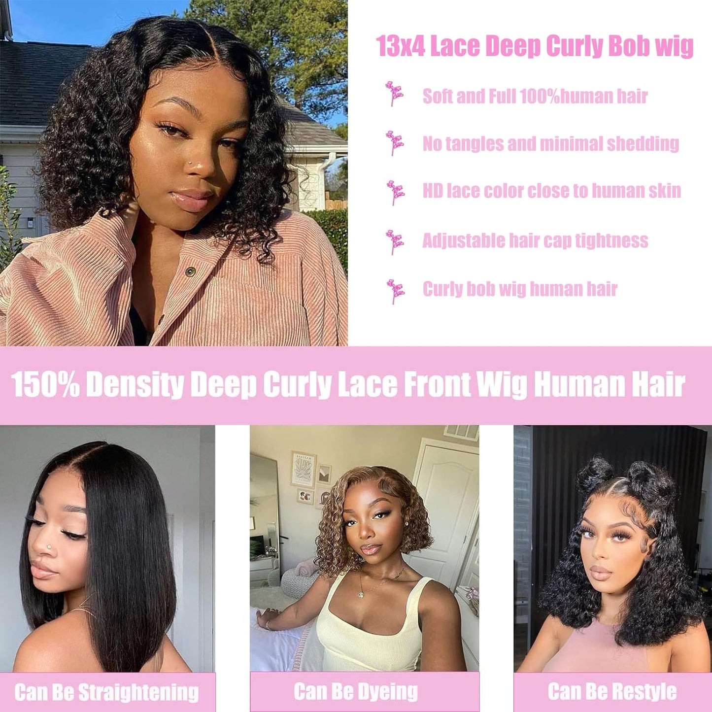 Deep Wave 13x4 HD Lace Front Wigs Human Hair Pre Plucked 12 Inch Short Bob Human Hair Wigs for Black Women Glueless Lace Frontal Closure Curly Wig Perruque Femme Humain Naturel