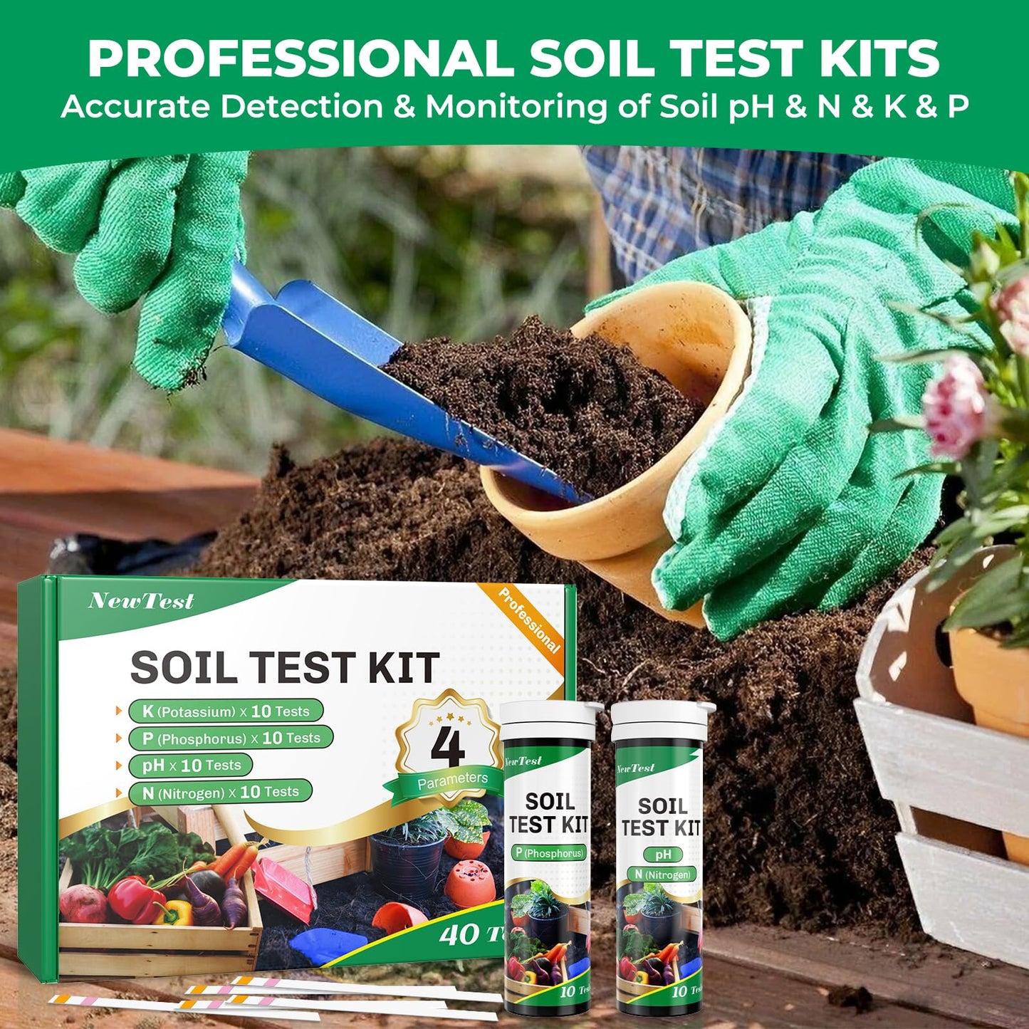 NewTest Soil Test Kit 4 Parameters: Professional Accurate 40 Tests Soil Testing Kits for Lawns Gardening Vegetable Garden for pH Nitrogen Phosphorus Potassium (40)