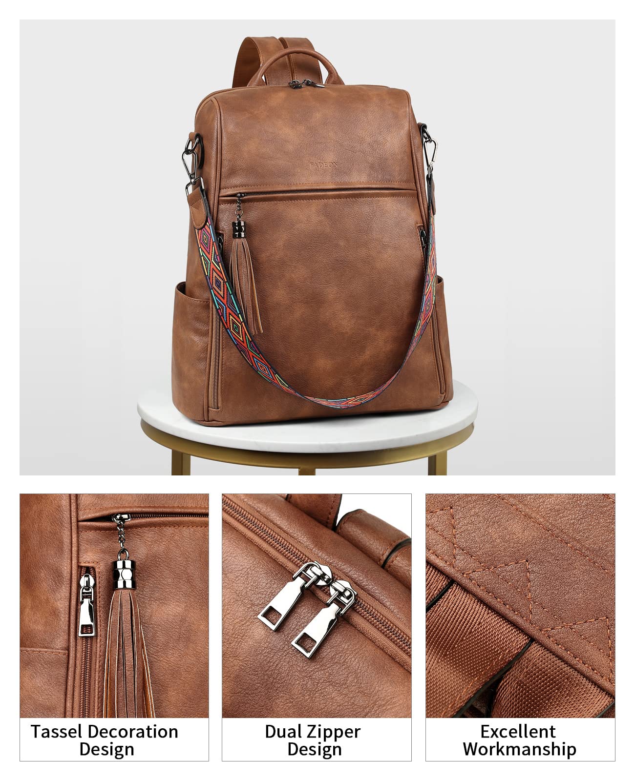 FADEON Leather Laptop Backpack for Women Designer 15.6 inch PU Laptop Bag, Ladies Travel Computer Work Backpack Brown