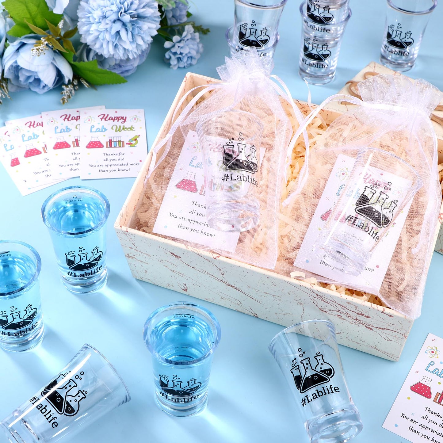 HCEWSBFD 36 Sets Lablife Acrylic Shot Glasses Lab Week Shot Glasses Bulk with Happy Lab Week Cards, Lab Week Gifts Bulk for Laboratory Workers Medical Scientist Technician Microbiology Teacher Staff