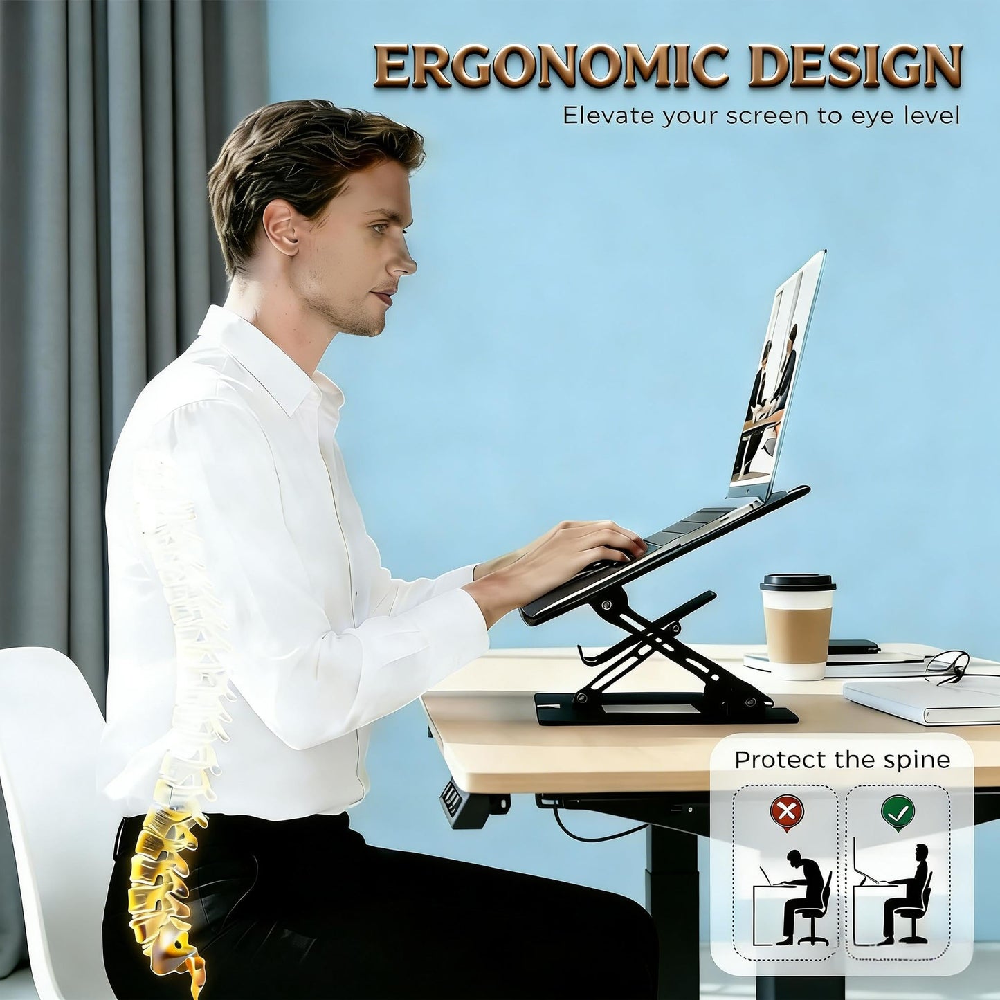 Ergonomic 2-in-1 Laptop Cooling Stand with Phone Holder, Portable Laptop Riser, Laptop Stand for Desk Foldable, Computer Notebook Stand Holder, Fits All Laptops up to 10-16''