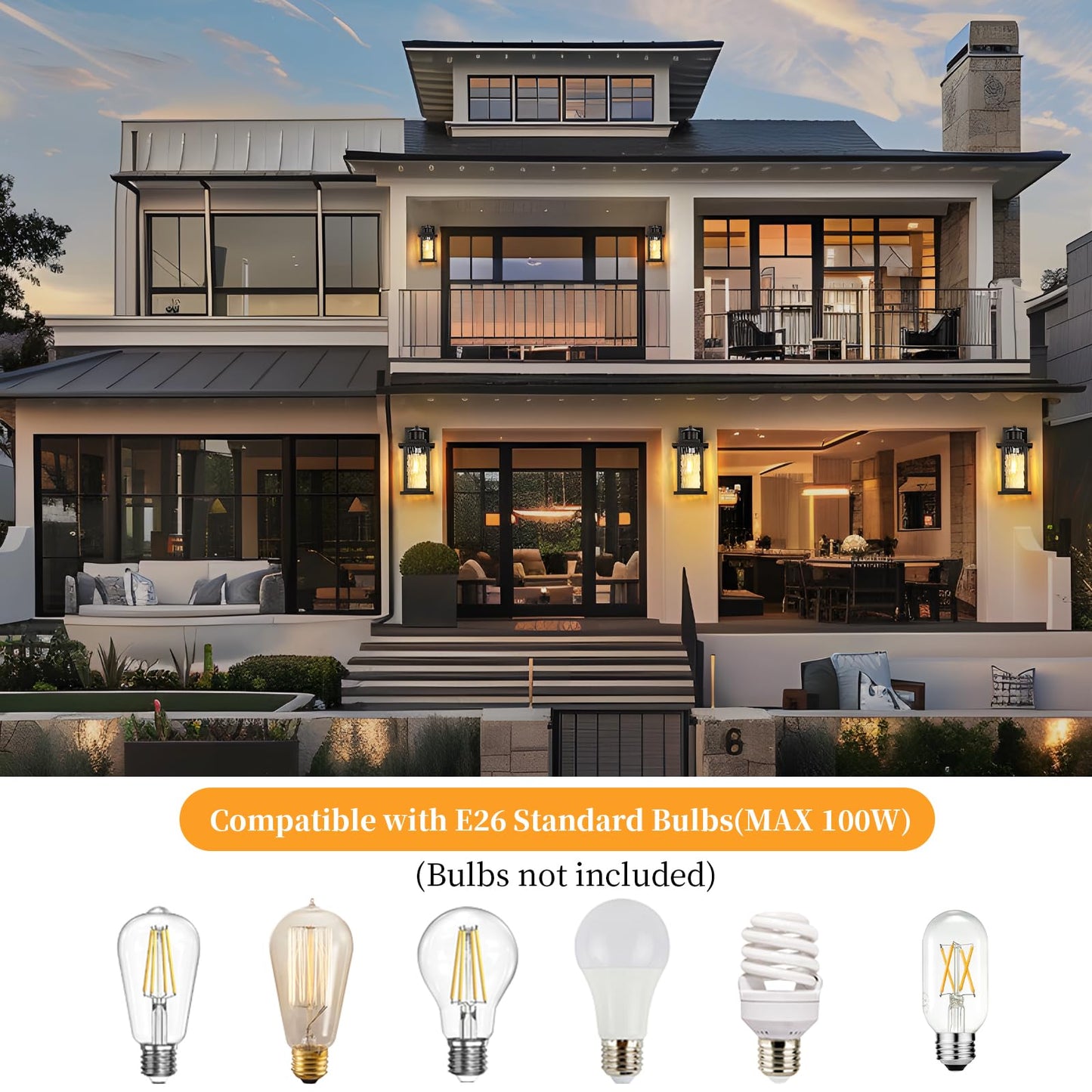 11.65'' Outdoor Light Fixture 2 Pack, Outdoor Wall Lights Exterior Wall Sconce with Water Ripple Glass, Waterproof Porch Light Lantern Wall Mounted, Modern Black Outside Lights for House Patio Garage