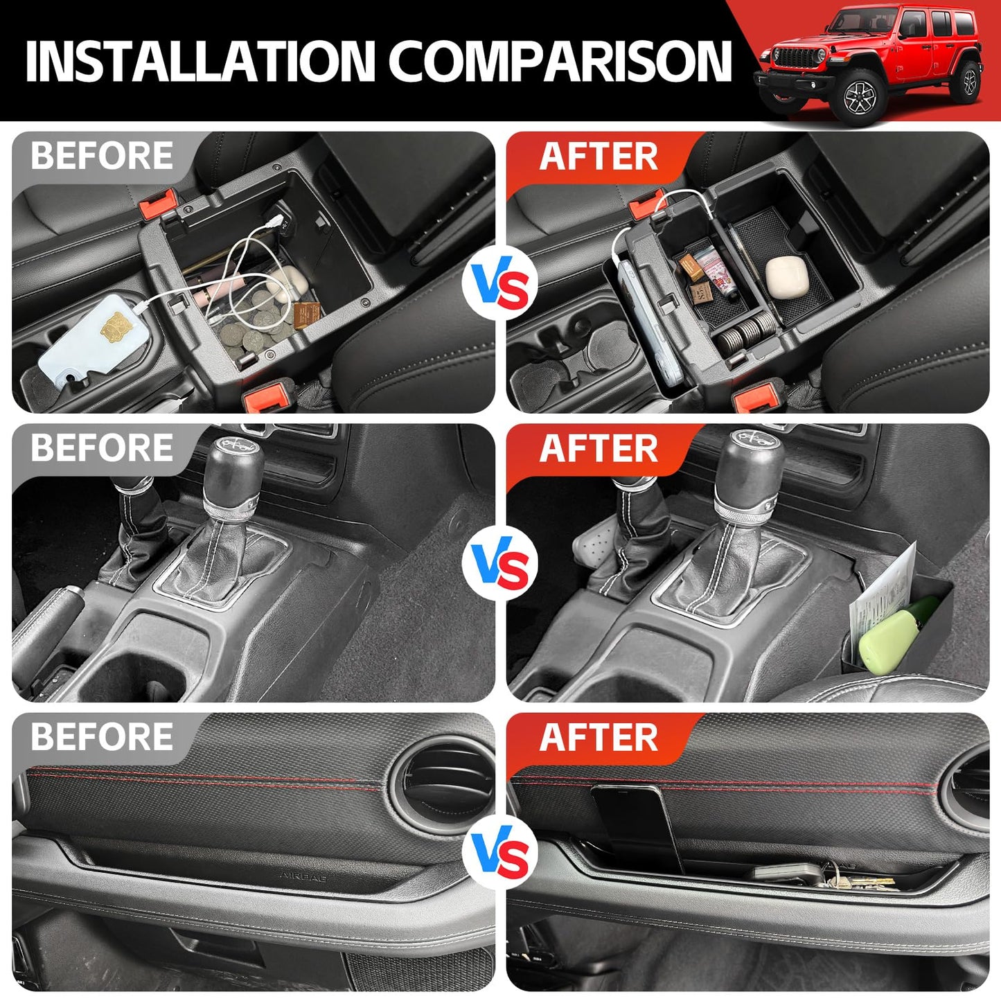 Utiiy Center Console Organizer for 2024 2025 Jeep Wrangler JL JLU 4XE/Gladiator JT Gear Shift Console Side Tray GrabTray Passenger Hanging Armrest Storage Box for Wrangler&Gladiator(24+ 4-piece)