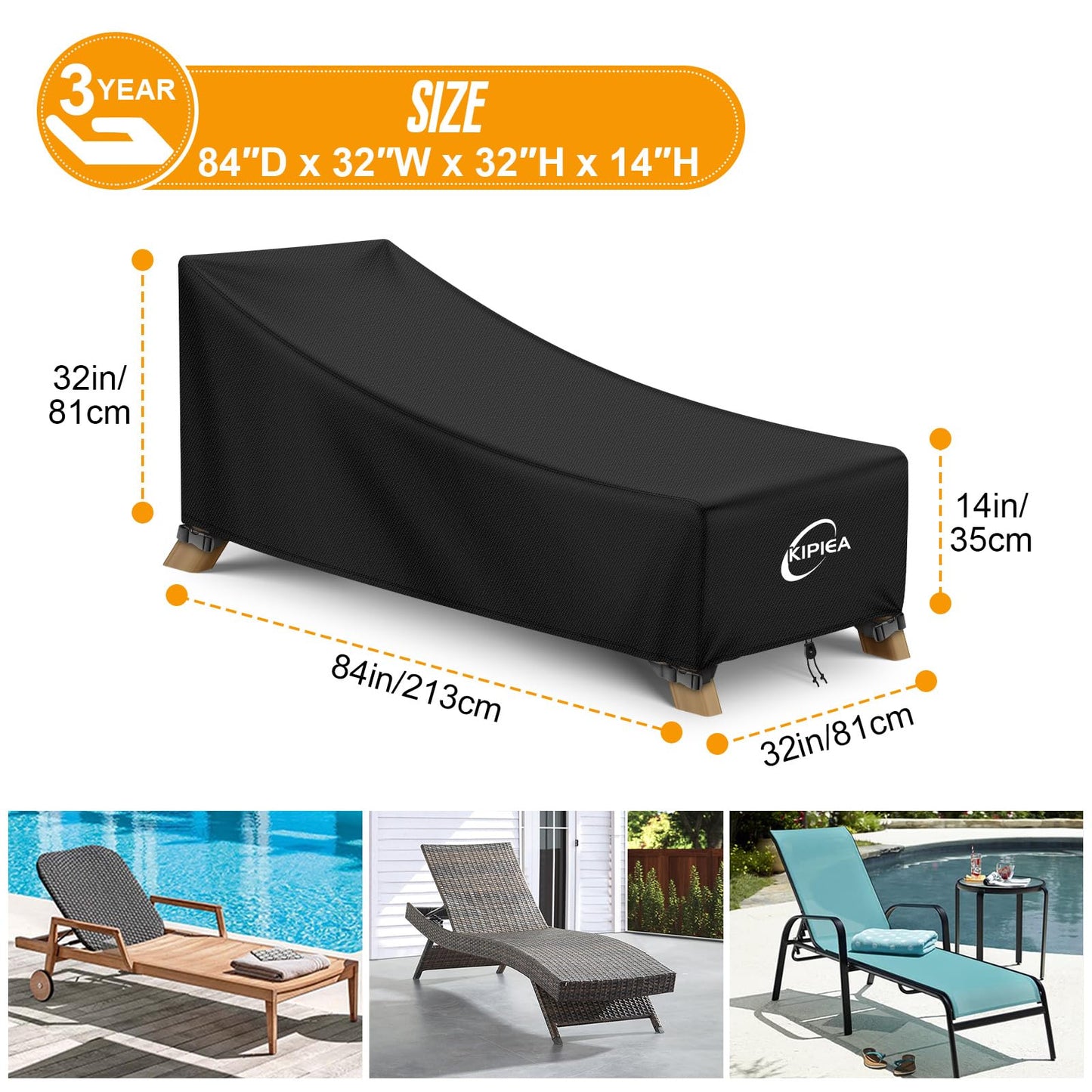 Kipiea Waterproof Patio Lounge Chair Covers for outdoor furniture, 420D Outdoor Chaise Lounge Cover with Anti UV and No Tears, No Fading (84"D x 32"W x 32"H)