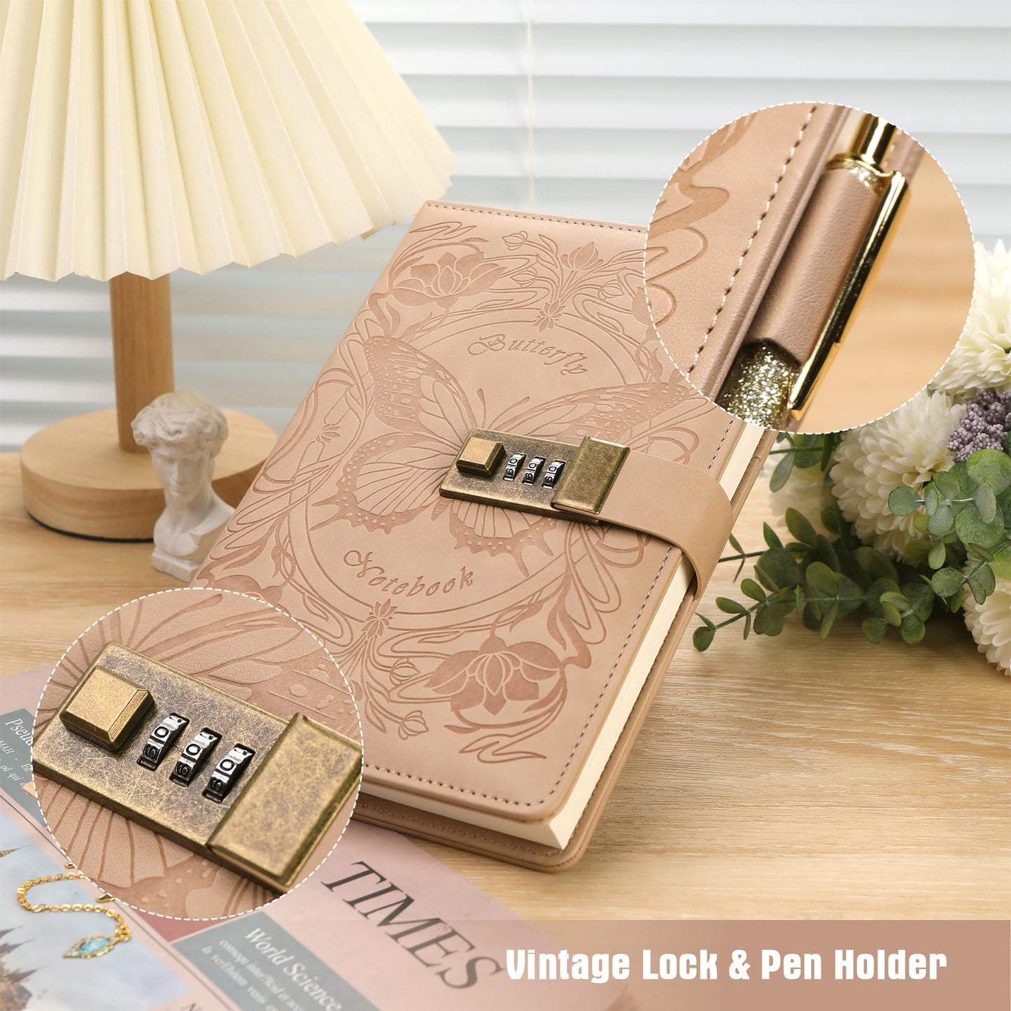 TIEFOSSI Diary with Lock for Women Girls, Lined Locked Journal, Butterfly Journal Notebook with Pen and Bookmark, A5 Refillable Locking Journals for Writing