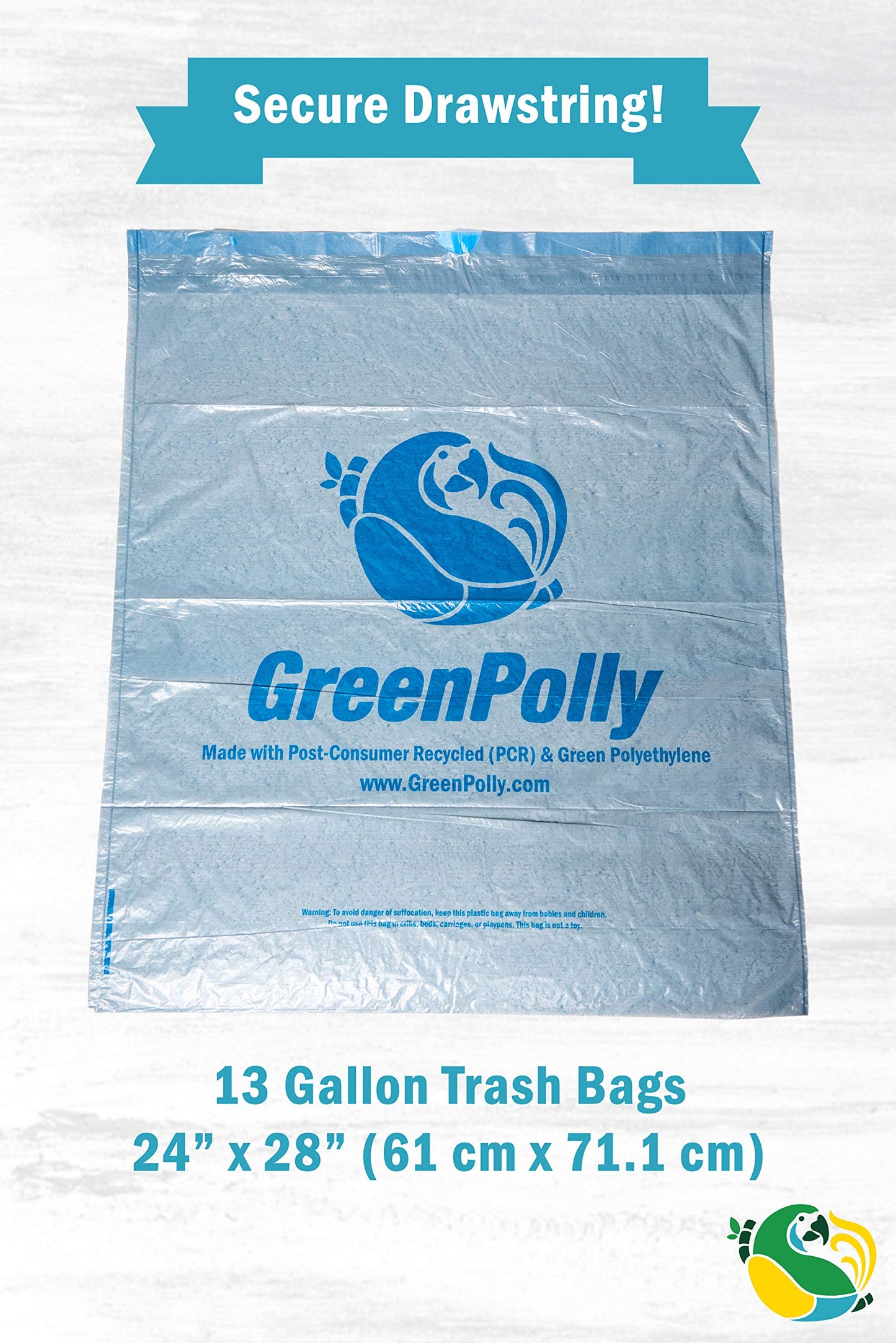 GreenPolly Clear Tall Kitchen Recycling Bags with Drawstring, 13 Gallon, 240 Count, Made from Recycled and Renewed Material, Heavy Duty and Durable