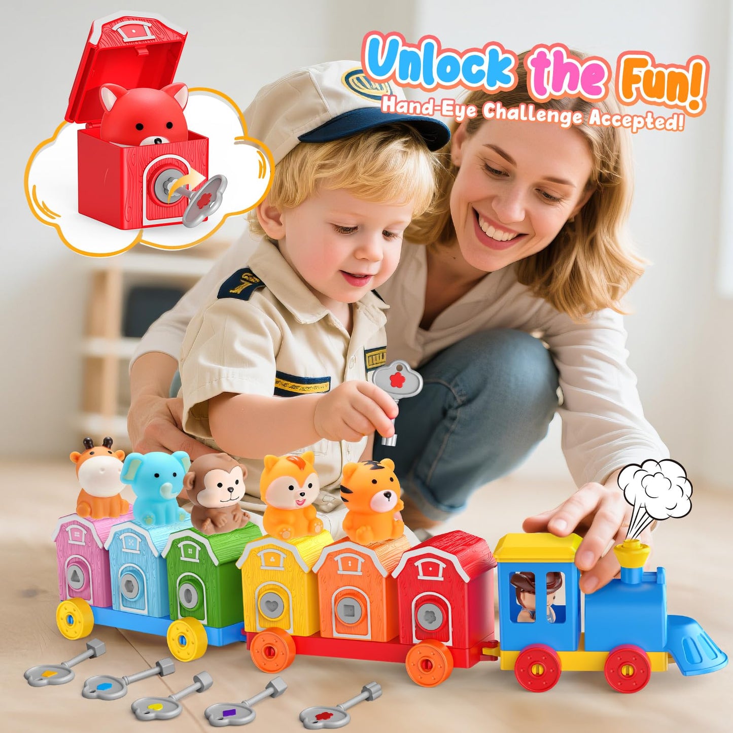 Luckades Toddler Animals Montessori Toys for 2 3 4 Year Old Boy Girl, Learning Farm Train Set with Counting Matching & Sorting for Kids 2-3 3-5 Preschool Christmas Birthday Baby Boy Girl Gifts
