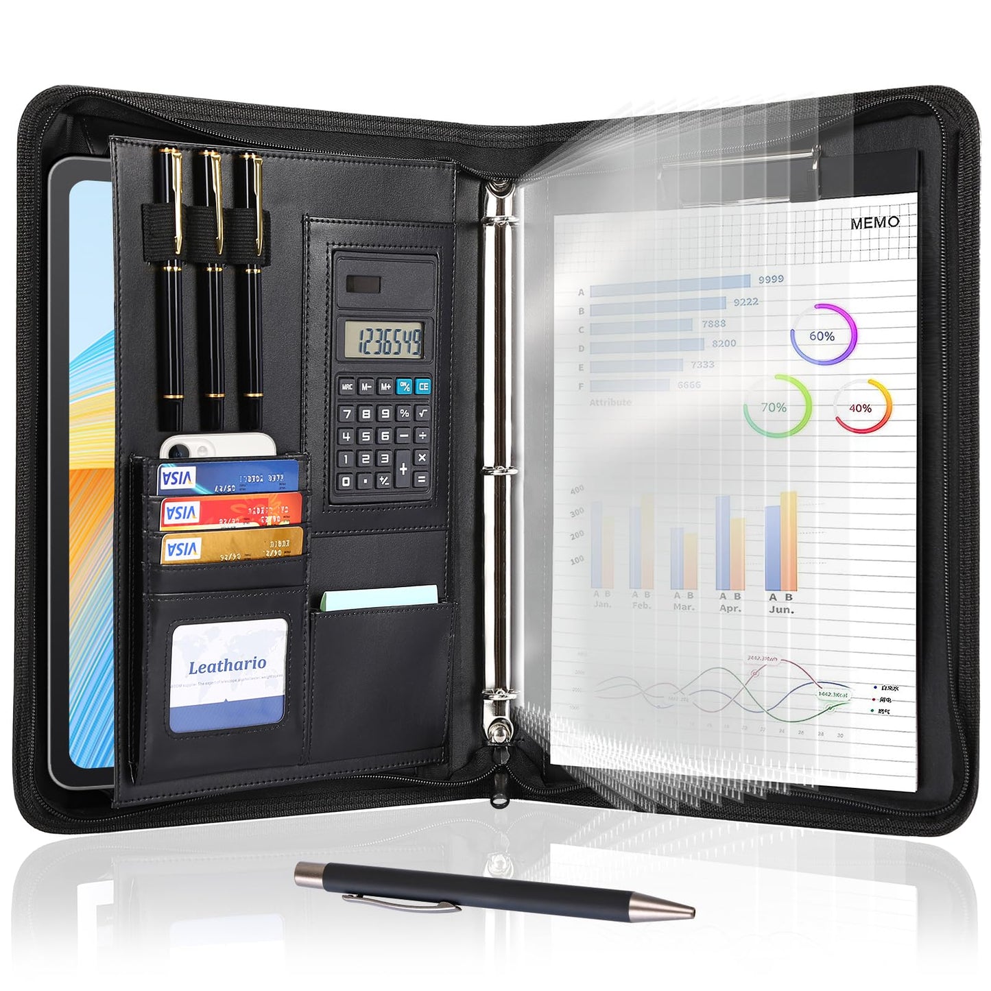 Leathario Portfolio, Vegan Leather 3-Ring Zipper Binder, Includes 10 Clear Sheet Protectors and a Pen, Multi-Pocket A4 Padfolio Folder for Tablets, Files and Business Documents, Office Supplies