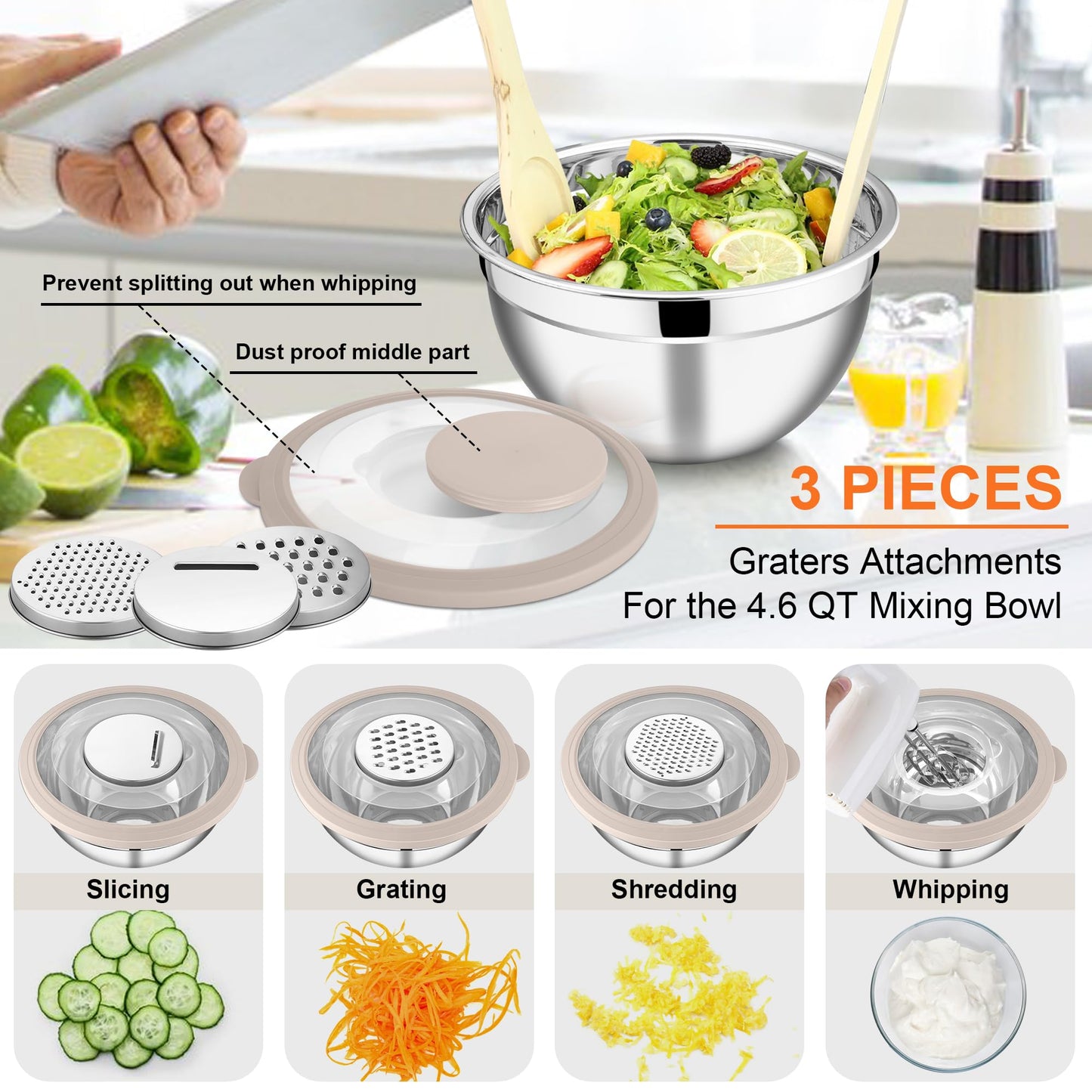 E-far Mixing Bowls Set of 5, Stainless Steel Salad Mixing Bowl with Transparent Lid, Metal Nesting Bowl Attach with 3 Graters for Kitchen Prepping/Serving/Baking/Storage, 4.6/2.6/1.5/1/0.7 QT - Khaki