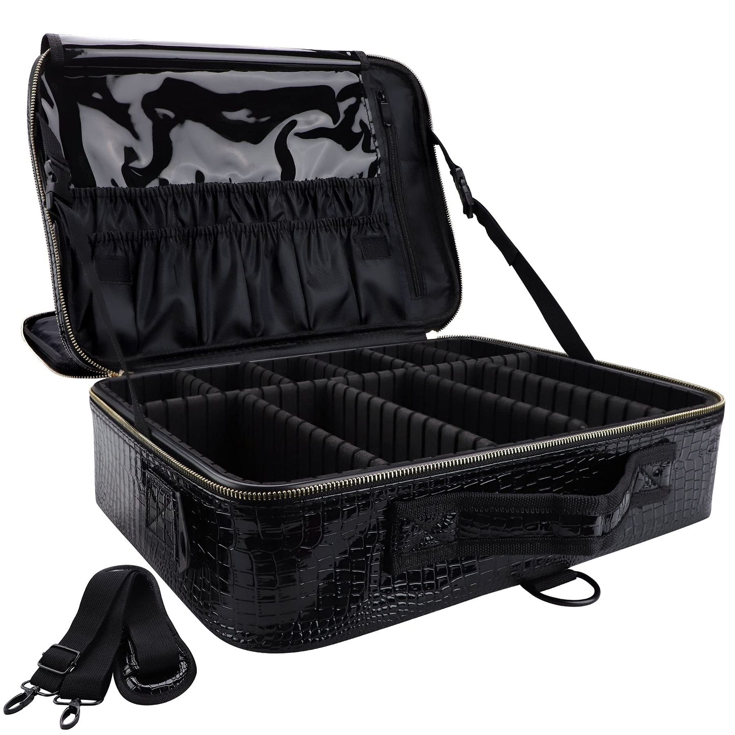Oewoer Travel Makeup Case, 16 Inches Large PU Leather Professional Cosmetic Bag With Shoulder Strap and Adjustable Dividers (Crocodile Pattern)