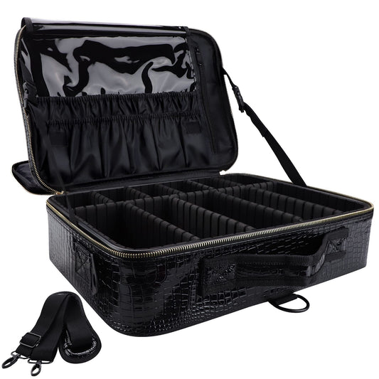 Oewoer Travel Makeup Case, 16 Inches Large PU Leather Professional Cosmetic Bag With Shoulder Strap and Adjustable Dividers (Crocodile Pattern)