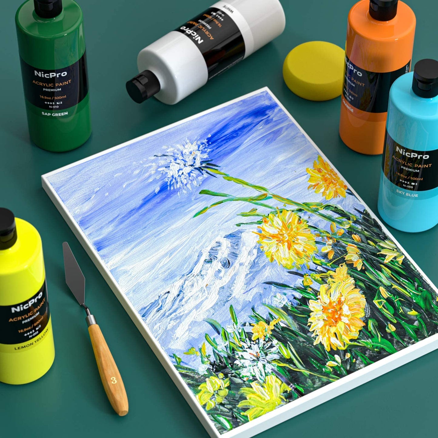 Nicpro 14 Colors Large Bulk Acrylic Paint Set (16.9 oz,500 ml) Rich Art Painting Supplies, Non Toxic for Multi Surface Pumpkin Canvas Wood Ceramic Leather Fabric Craft, for Beginners Adults with Color Wheel