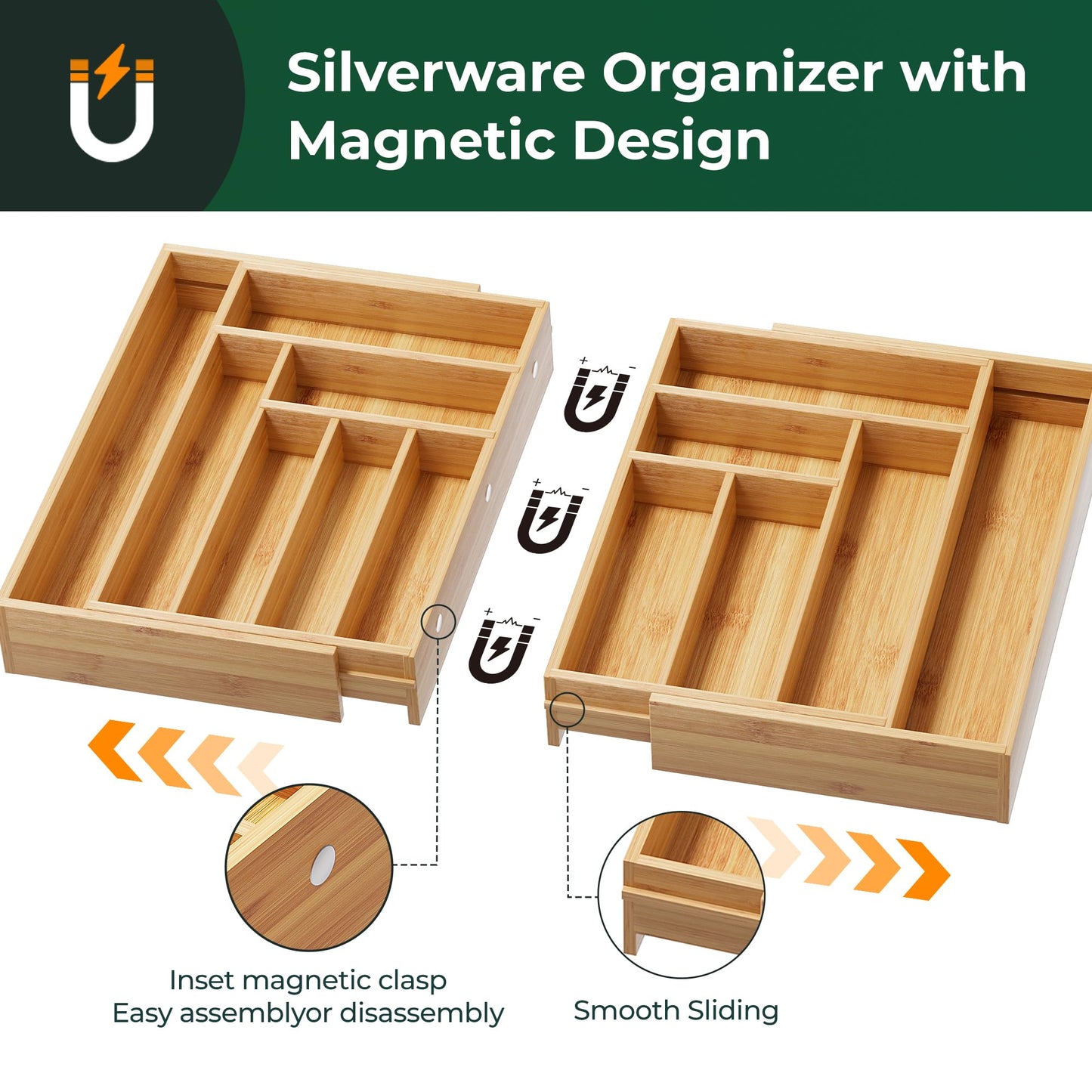 Large Silverware Organizer, 13 Slots Magnetic Connected Expandable Bamboo Utensil Drawer Organizer From 21 to 37.4 Inches, Adjustable Flatware and Cutlery Holder, Utensil Tray for Kitchen Natural