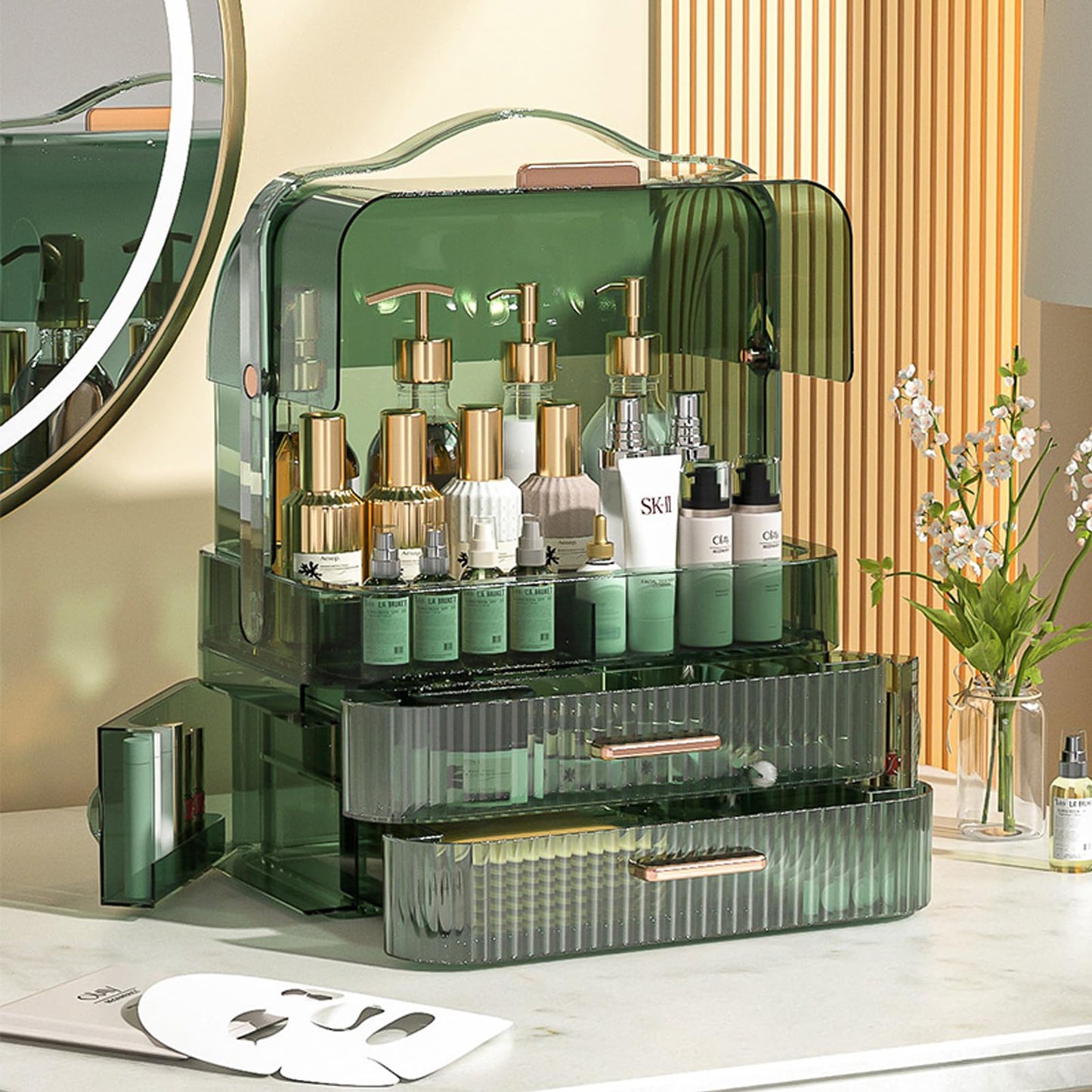 LINFIDITE Cosmetics Storage Box Transparent Lid Large Makeup Organizer Box Drawers Portable Handle Waterproof Dustproof Skincare Display Cases for Countertop, Bathroom, Dresser,Gift Clear Green