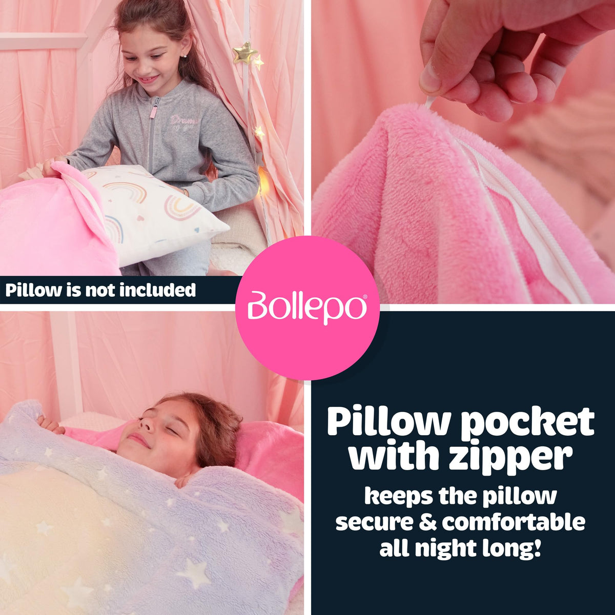 Girls Rainbow & Glowing Stars Sleeping Bag, for Kids and Toddler Ages 3+, Soft with Pillow Pocket - Kids Blanket (66'' x 33'')