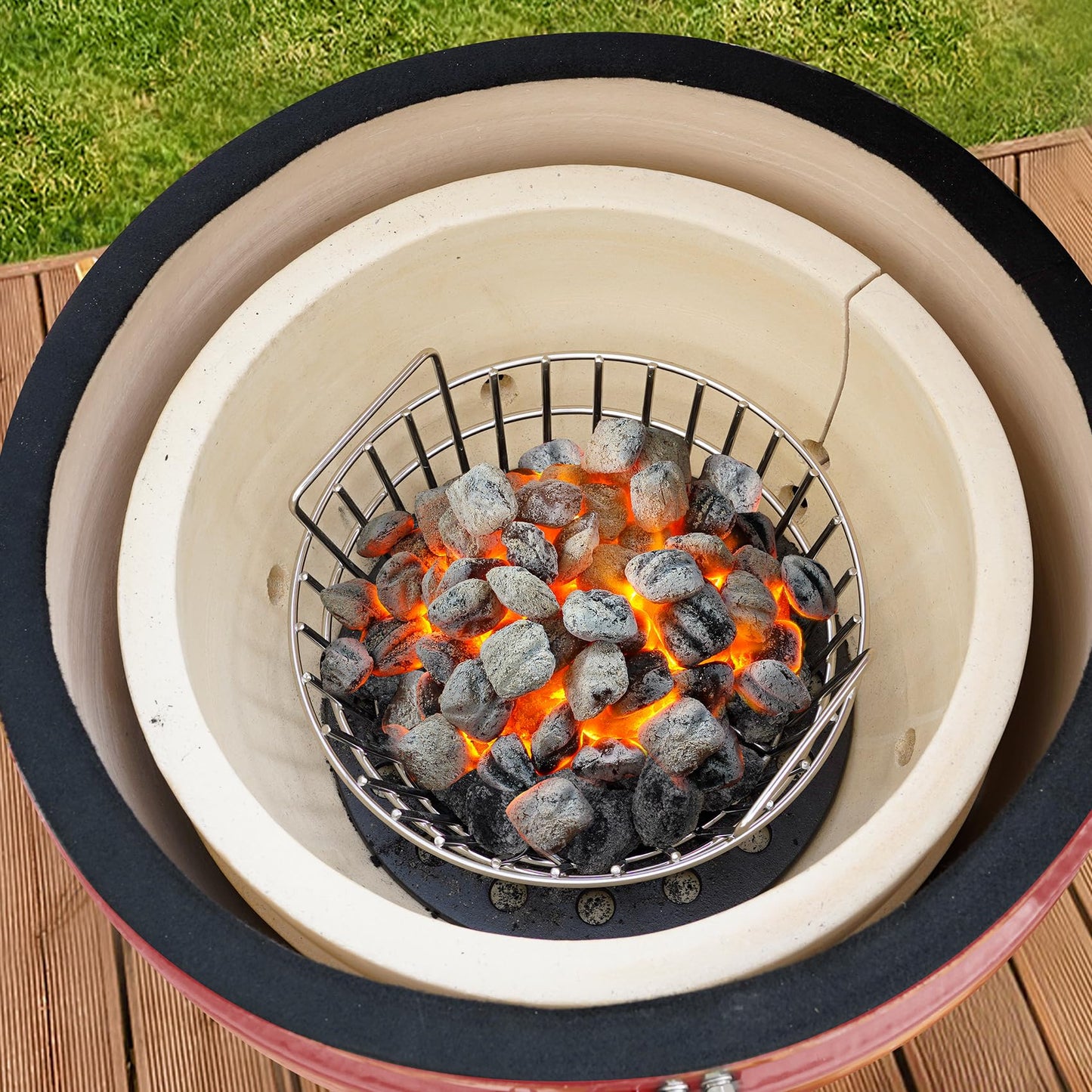 only fire #8567 Charcoal Ash Basket Stainless Steel Charcoal Holder with Handles, Fits Kamado Joe-Joe Junior Grill