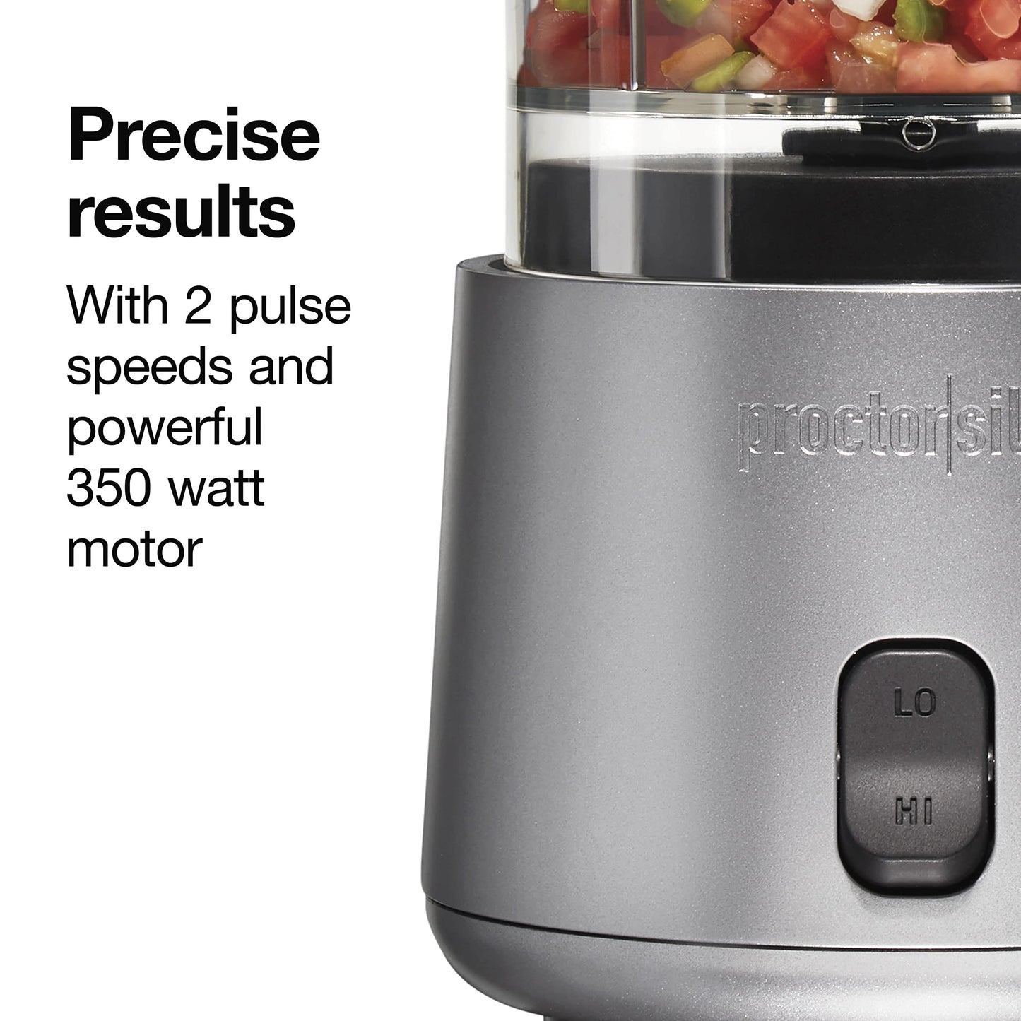 Proctor Silex Electric Food Chopper & Mini Food Processor, 350 Watts, 3.5 Cup Bowl, 2 Speeds, Stainless Steel Blades, for Chopping, Puree & Emulsify, Silver, 72870