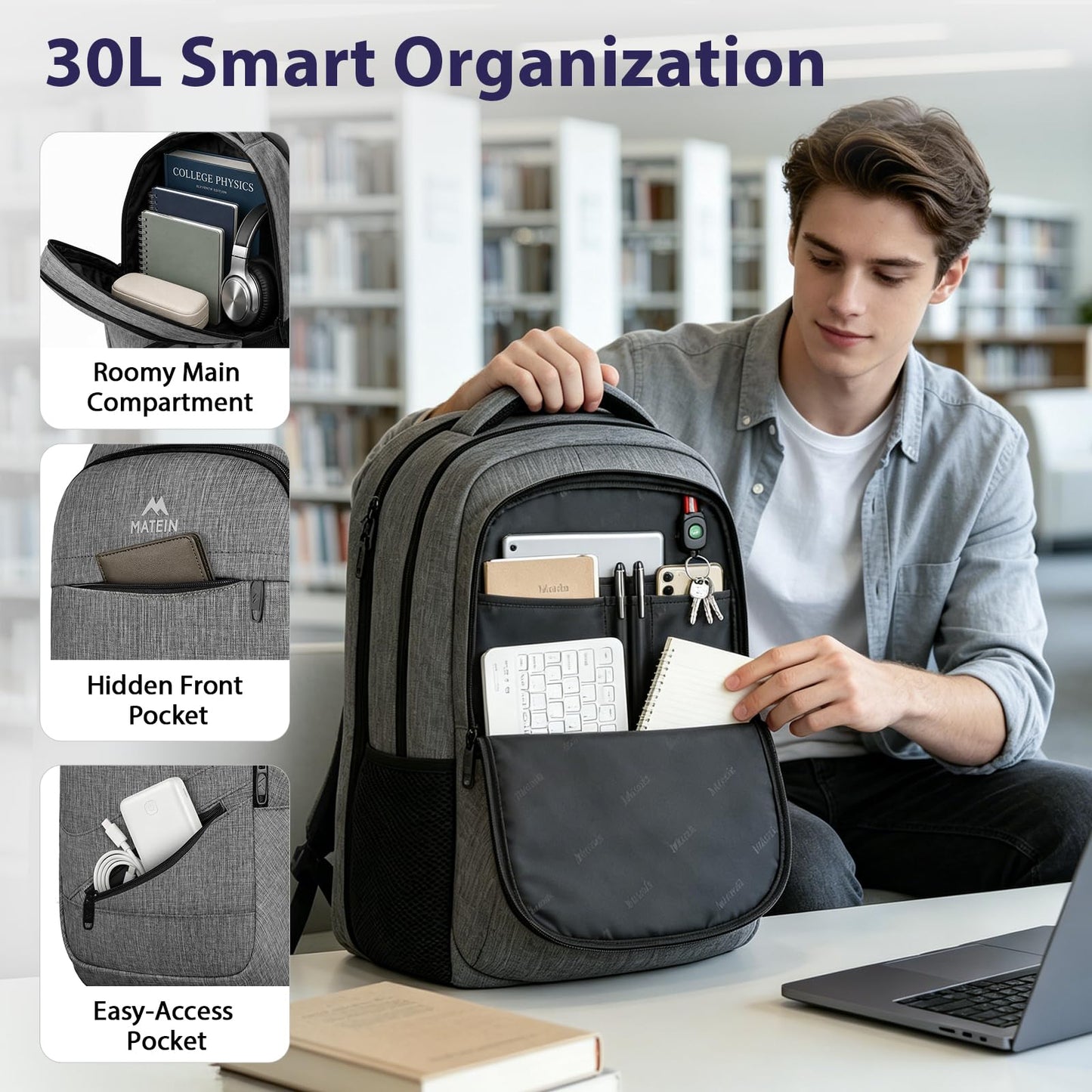 MATEIN Laptop Backpack, 17 inch Business Flight Approved Carry on Backpack, TSA Large Computer Backpack for Men Women with Trolley Sleeve, College School Tactical Book Bag, Grey