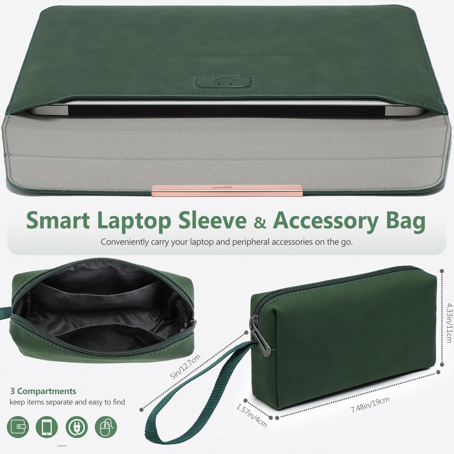 HYZUO 13 Inch Laptop Sleeve Case with Stand for MacBook Air 13 M5 A3449 M4 M3 M2 M1 2026-2018, 13" MacBook Neo 2026 A3404, MacBook Pro 13 M2 M1, 13" iPad Pro/Air, Surface Pro, Midnight Green(Smiley)